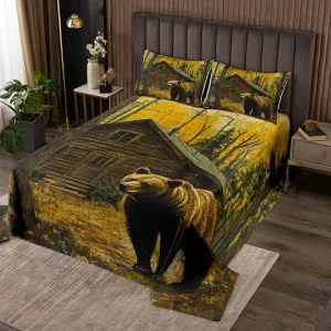 Castle Fairy 3D Brown Bear Bedspread Twin Size 2 Pcs,Jungle Cabin Wooden Farmhouse Bedding Sets for Kids Teens Adults,Wild Animals Oil Painting Style Trees Coverlet Set with 1 Pillowcase