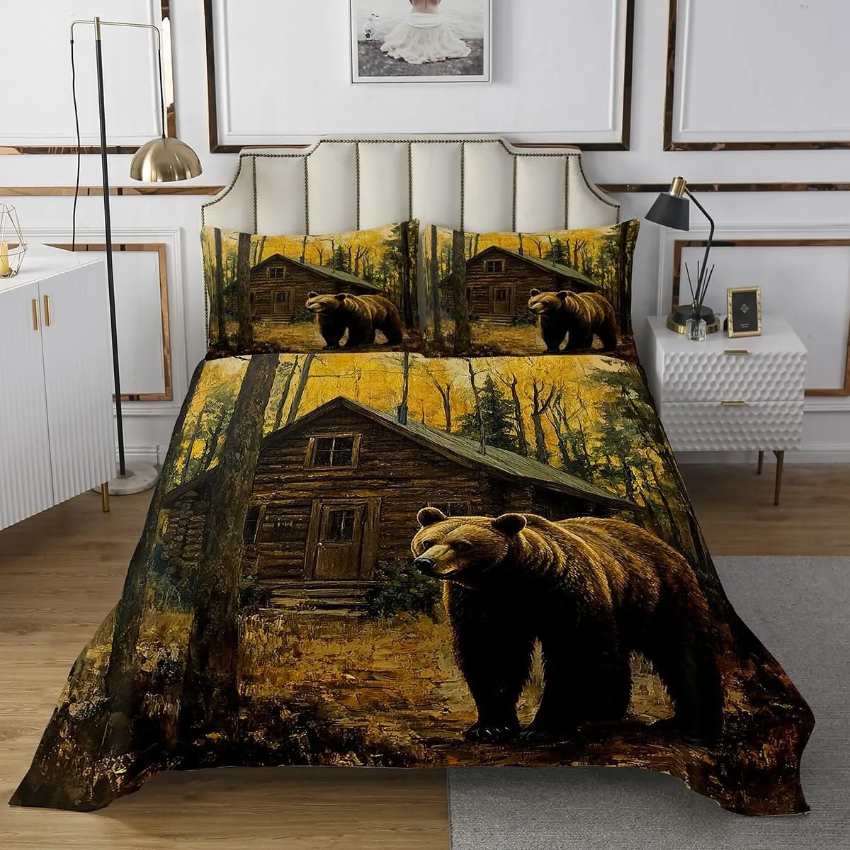 Castle Fairy 3D Brown Bear Bedspread Twin Size 2 Pcs,Jungle Cabin Wooden Farmhouse Bedding Sets for Kids Teens Adults,Wild Animals Oil Painting Style Trees Coverlet Set with 1 Pillowcase