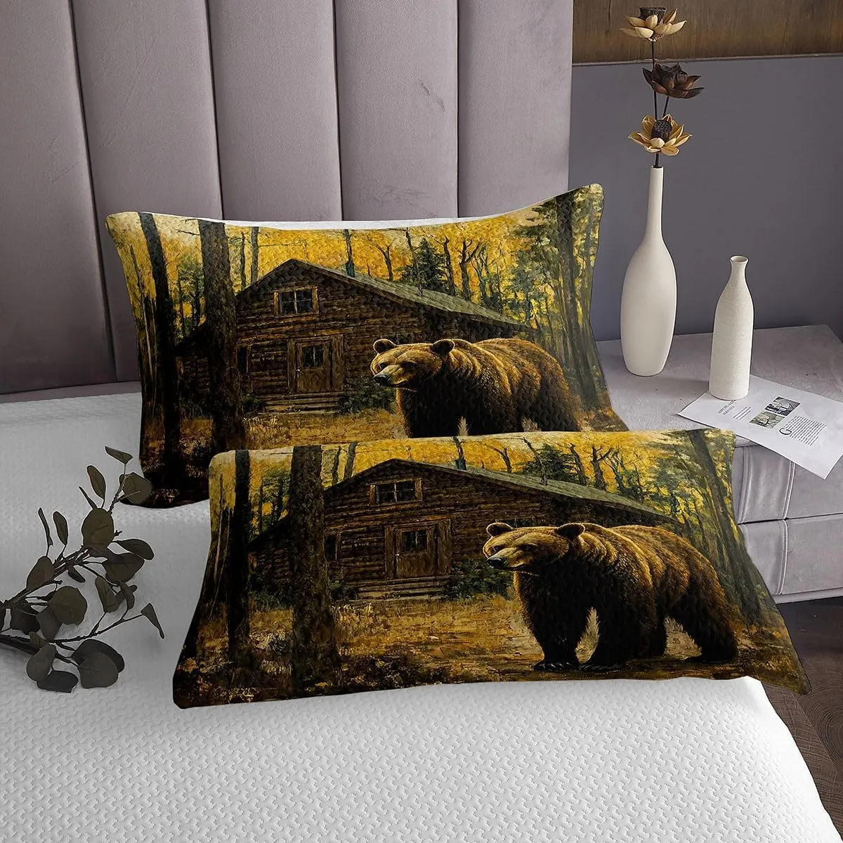 Castle Fairy 3D Brown Bear Bedspread Twin Size 2 Pcs,Jungle Cabin Wooden Farmhouse Bedding Sets for Kids Teens Adults,Wild Animals Oil Painting Style Trees Coverlet Set with 1 Pillowcase