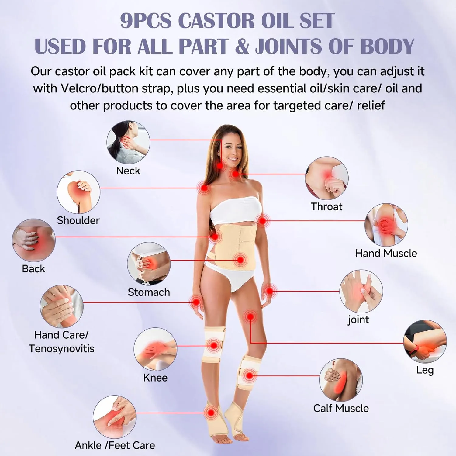 Castor Oil Pack Wrap, 9 Pcs Organic Castor Oil Packs Kit for Neck Shoulder Waist Back Hand Knee Leg and Feet, Reusable Pads Kit for Hot/Cold Castor Oil Compress for Woman/Man
