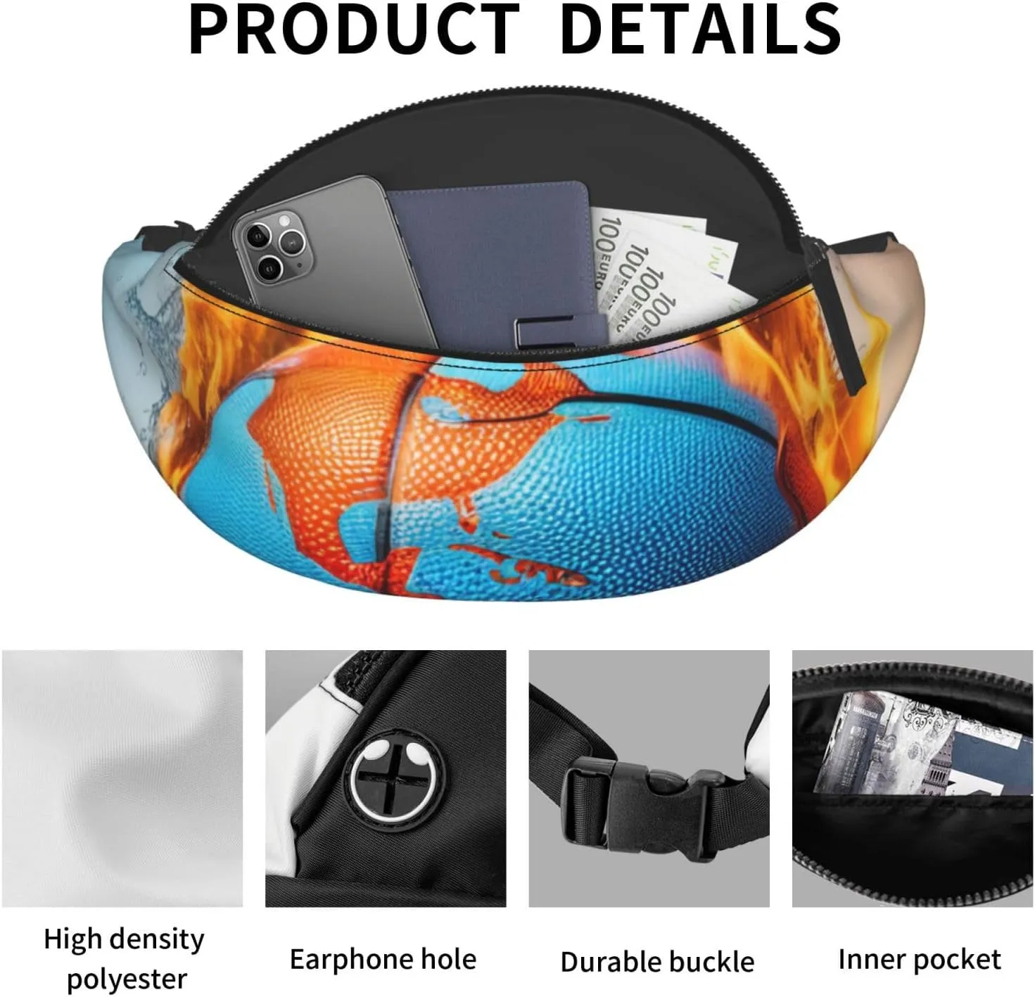 Casual Basketball on Fire and Water Flame Splashing Printed Fanny Pack,Crossbody Fanny packs for women Men Waist Bag for Running Travel