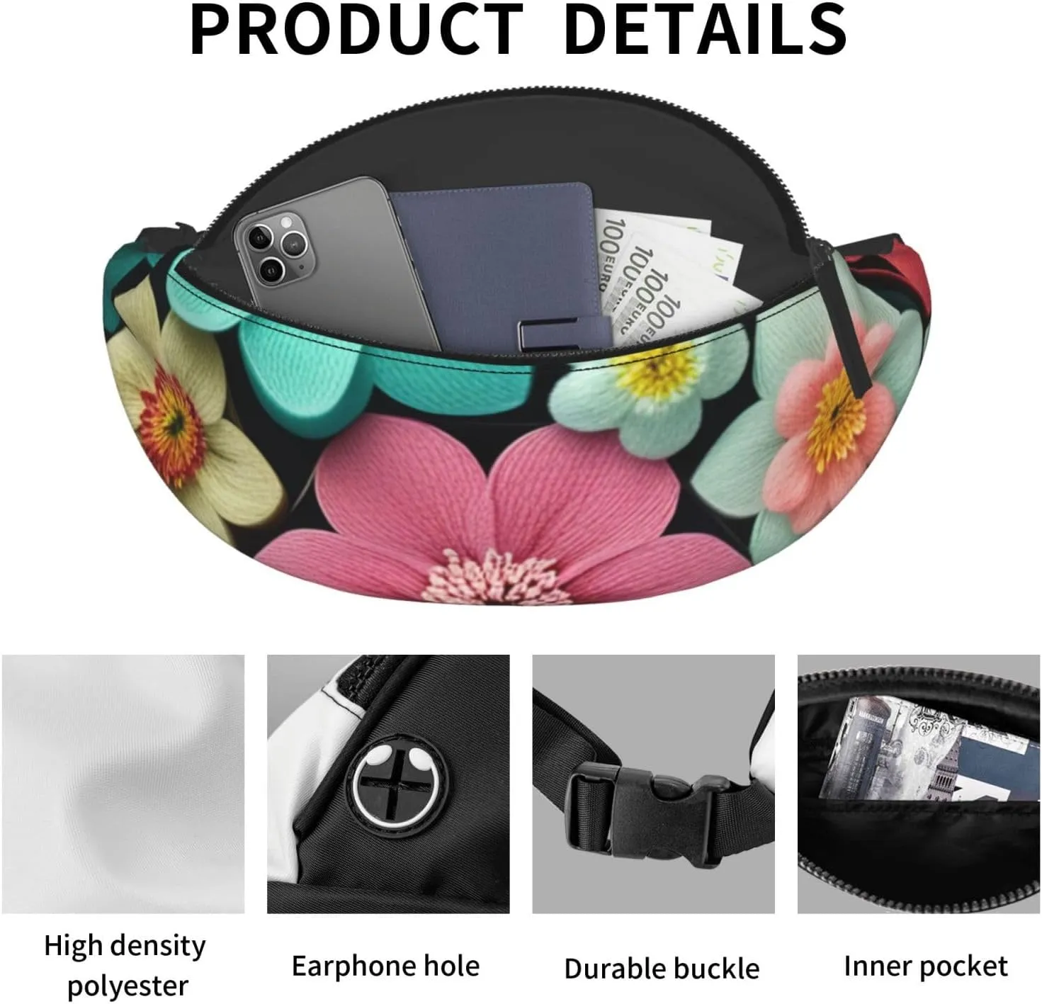 Casual Beautiful Blooming Hexagon Printed Fanny Pack,Crossbody Fanny packs for women Men Waist Bag for Running Travel