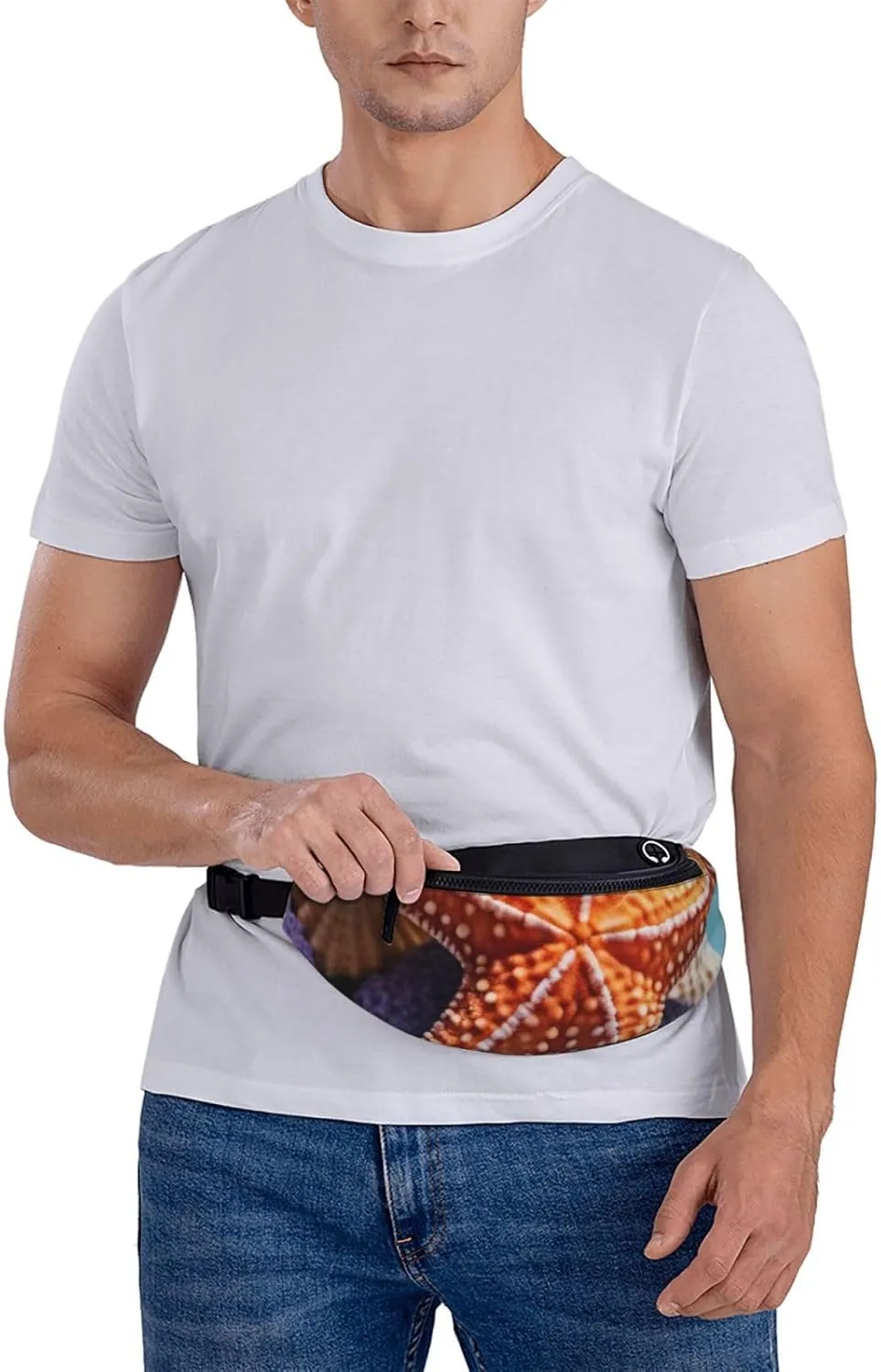 Casual Blue background starfish Printed Fanny Pack,Crossbody Fanny packs for women Men Waist Bag for Running Travel