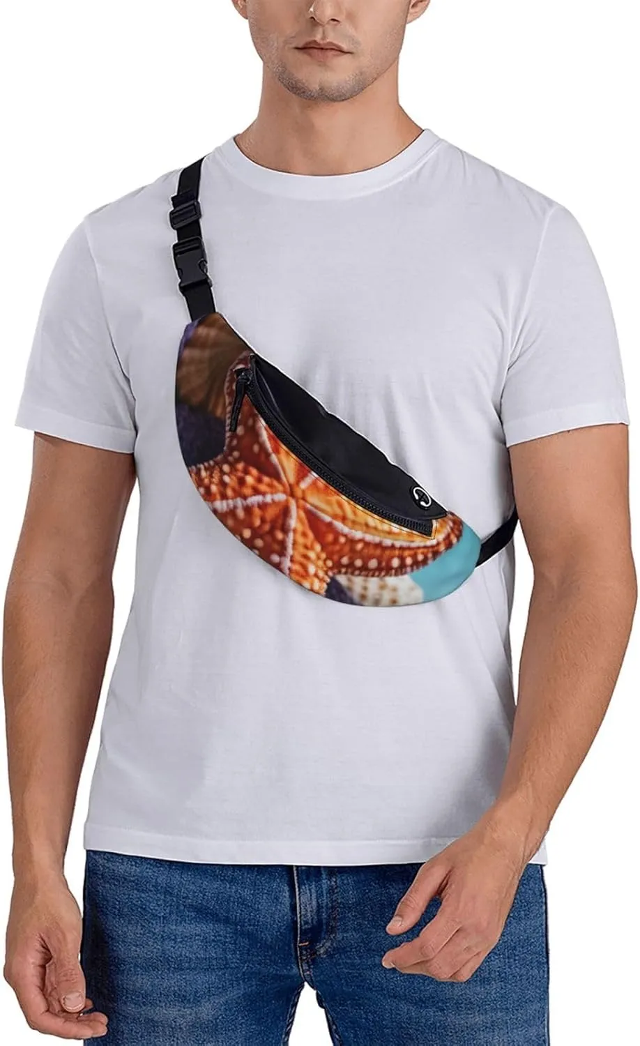 Casual Blue background starfish Printed Fanny Pack,Crossbody Fanny packs for women Men Waist Bag for Running Travel