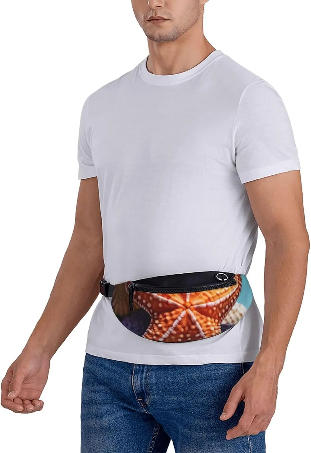 Casual Blue background starfish Printed Fanny Pack,Crossbody Fanny packs for women Men Waist Bag for Running Travel