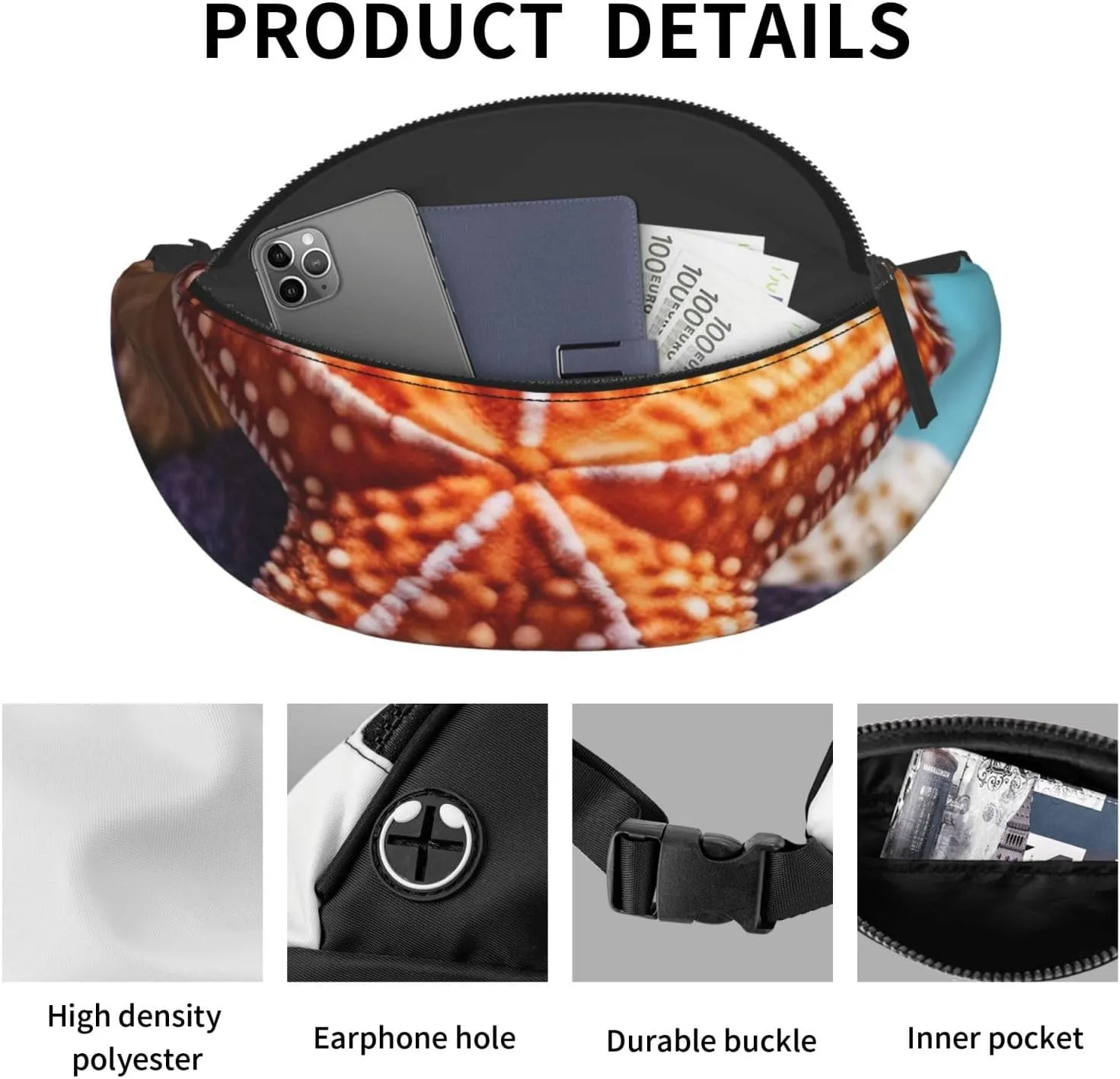 Casual Blue background starfish Printed Fanny Pack,Crossbody Fanny packs for women Men Waist Bag for Running Travel