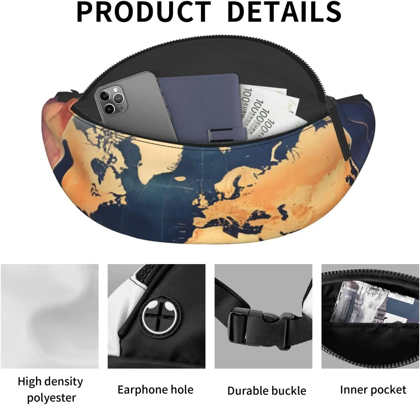Casual World Map Printed Fanny Pack,Crossbody Fanny packs for women Men Waist Bag for Running Travel