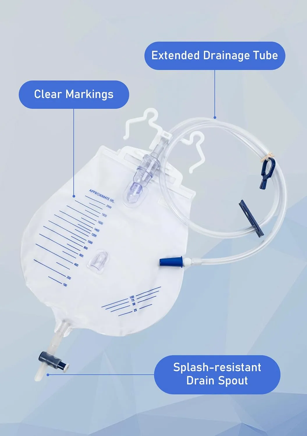 Catheter Bags for Men and Women, Urinary Drainage Bag 2000mL with Anti-Reflux Chamber, 41" Drainage Tube with Hanging Hook, Professional Health Aids (2 Pack)