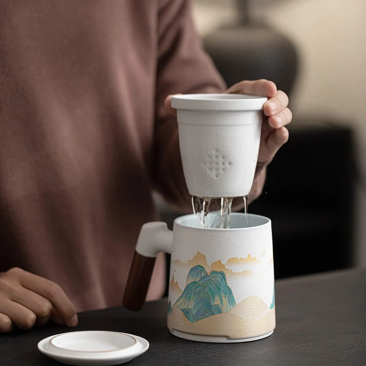 Ceramic Tea Mug with Infuser & Lid Tea Cup Moon Deer Mountain Creative Embossed Design Coffee Mug with Strainer & Wooden Handle 13.5oz (White)