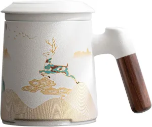 Ceramic Tea Mug with Infuser & Lid Tea Cup Moon Deer Mountain Creative Embossed Design Coffee Mug with Strainer & Wooden Handle 13.5oz (White)