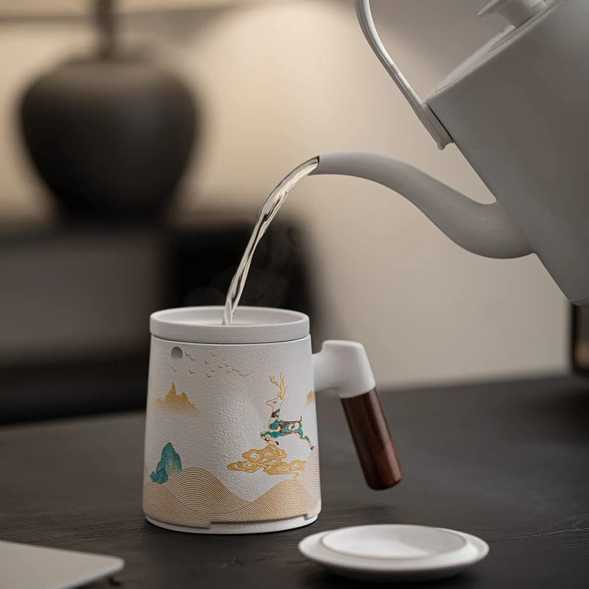 Ceramic Tea Mug with Infuser & Lid Tea Cup Moon Deer Mountain Creative Embossed Design Coffee Mug with Strainer & Wooden Handle 13.5oz (White)