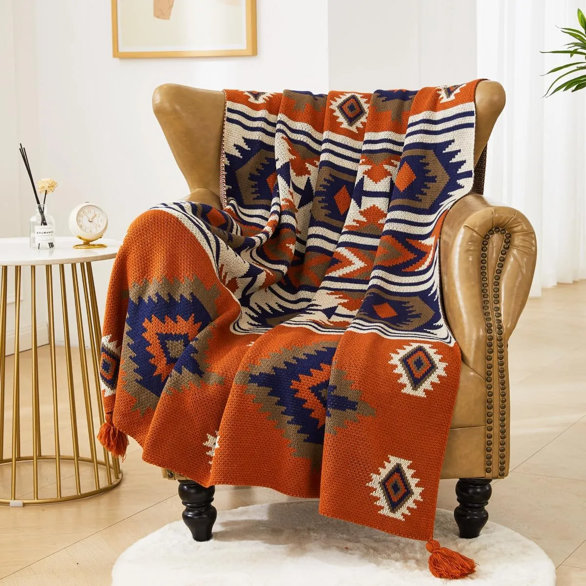 Chair Throw Blankets, Acrylic Knitted Southwest Tribal Bed Couch Sofa Blanket, Native American Southwestern Soft Warm Throw Navaho Living Room Bedroom (Rusted Brown Navy White, 60”x80”)