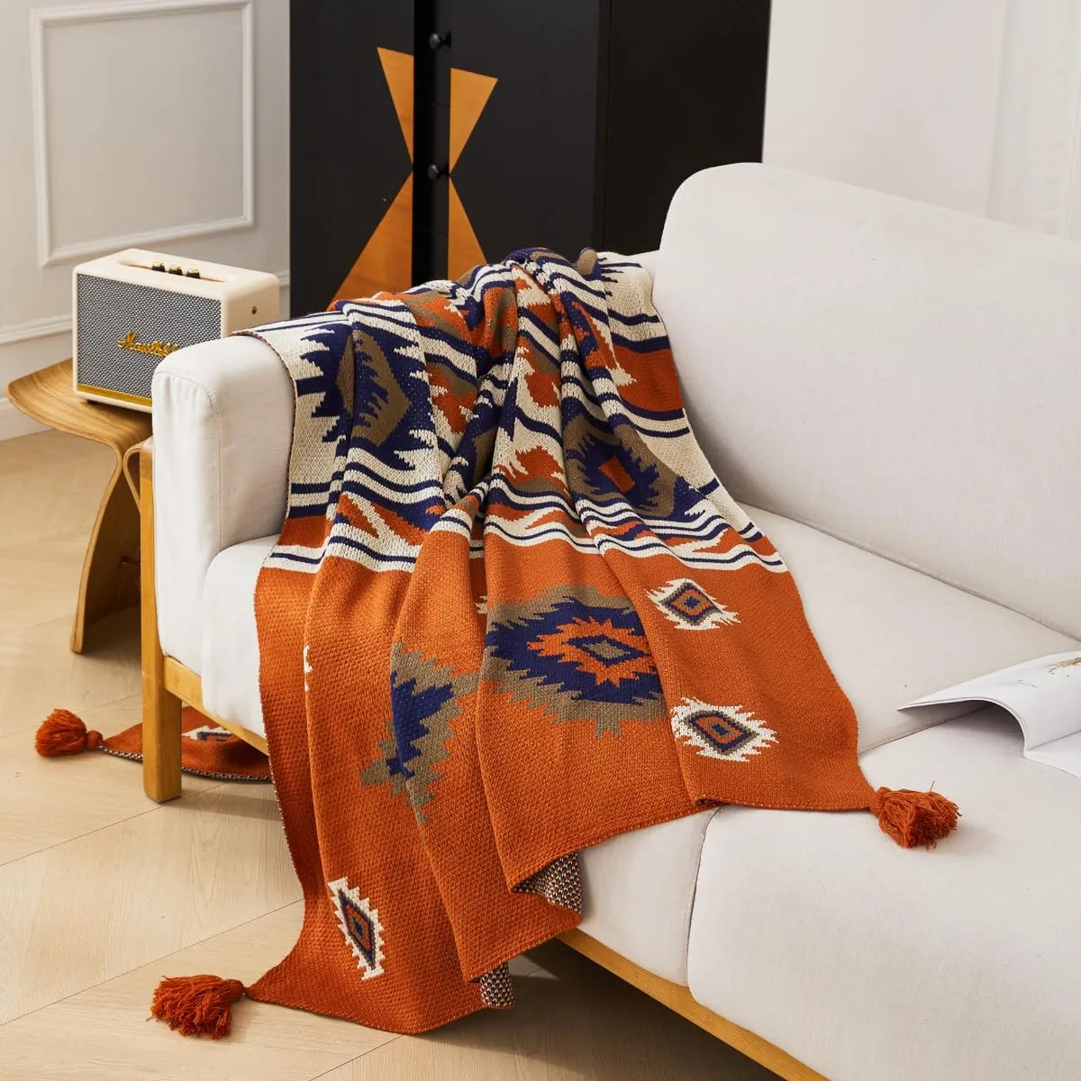 Chair Throw Blankets, Acrylic Knitted Southwest Tribal Bed Couch Sofa Blanket, Native American Southwestern Soft Warm Throw Navaho Living Room Bedroom (Rusted Brown Navy White, 60”x80”)