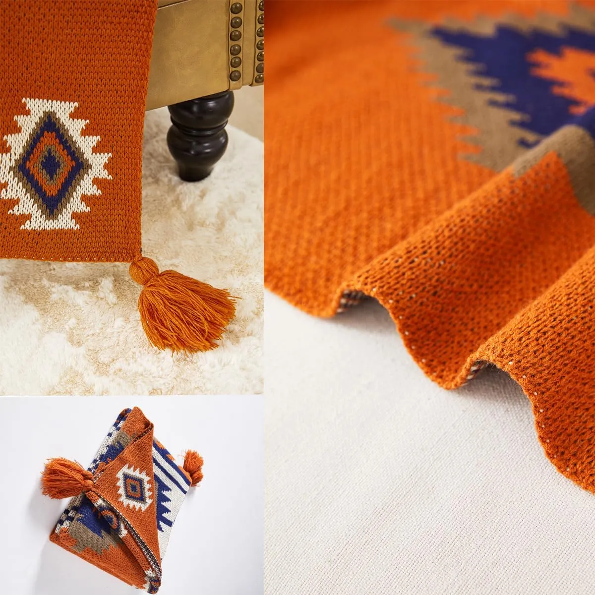 Chair Throw Blankets, Acrylic Knitted Southwest Tribal Bed Couch Sofa Blanket, Native American Southwestern Soft Warm Throw Navaho Living Room Bedroom (Rusted Brown Navy White, 60”x80”)