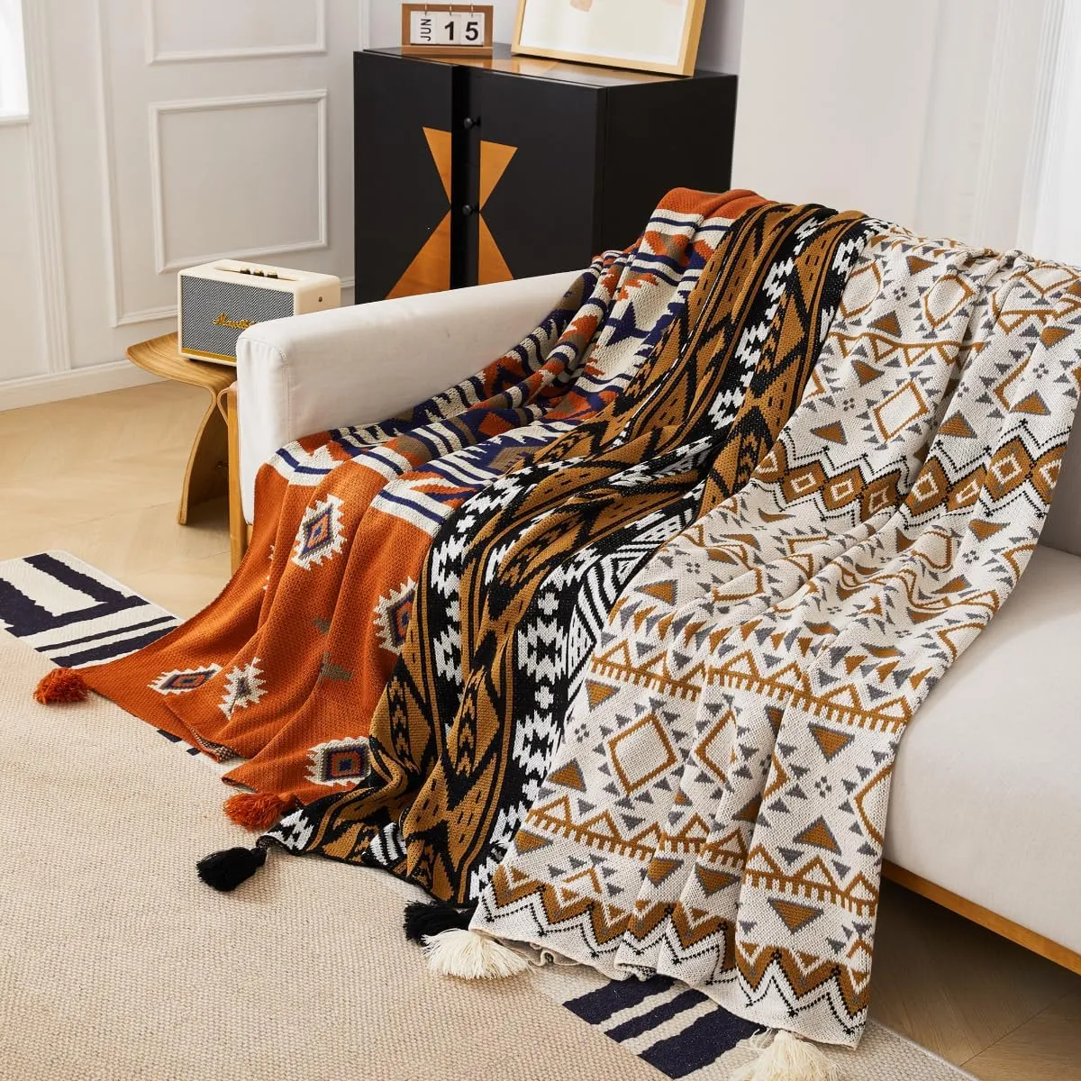 Chair Throw Blankets, Acrylic Knitted Southwest Tribal Bed Couch Sofa Blanket, Native American Southwestern Soft Warm Throw Navaho Living Room Bedroom (Rusted Brown Navy White, 60”x80”)