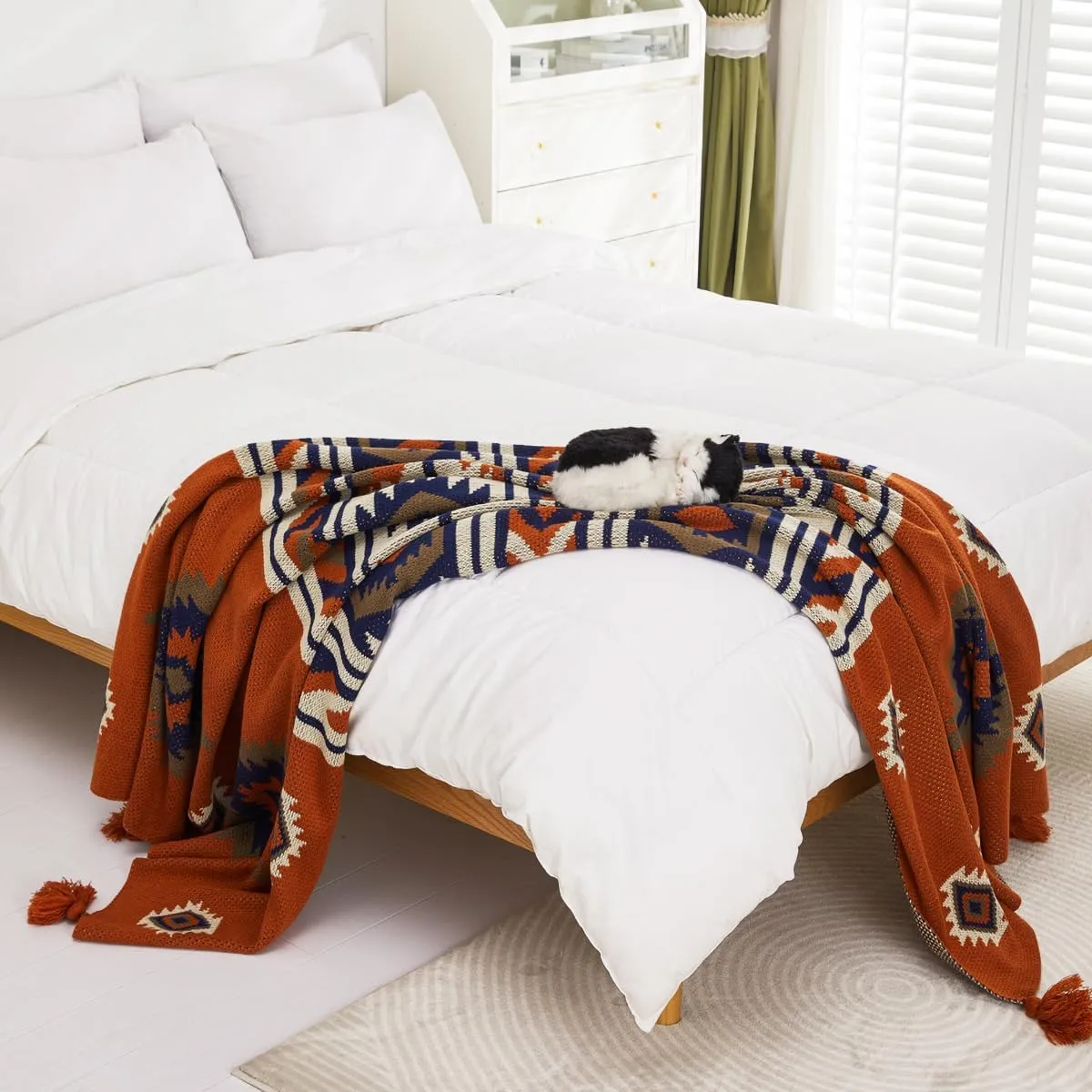 Chair Throw Blankets, Acrylic Knitted Southwest Tribal Bed Couch Sofa Blanket, Native American Southwestern Soft Warm Throw Navaho Living Room Bedroom (Rusted Brown Navy White, 60”x80”)