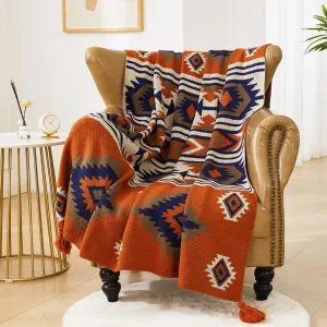 Chair Throw Blankets, Acrylic Knitted Southwest Tribal Bed Couch Sofa Blanket, Native American Southwestern Soft Warm Throw Navaho Living Room Bedroom (Rusted Brown Navy White, 60”x80”)
