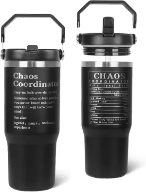 Chaos Coordinator Tumbler with Handle & Flip Straw Boss Gifts Laser-Engraved Travel Mug Water Bottle Gifts for Boss, Women,Men Mom,Dad,Coworker,Manager,Workers,Colleague-30 OZ(1PCS)