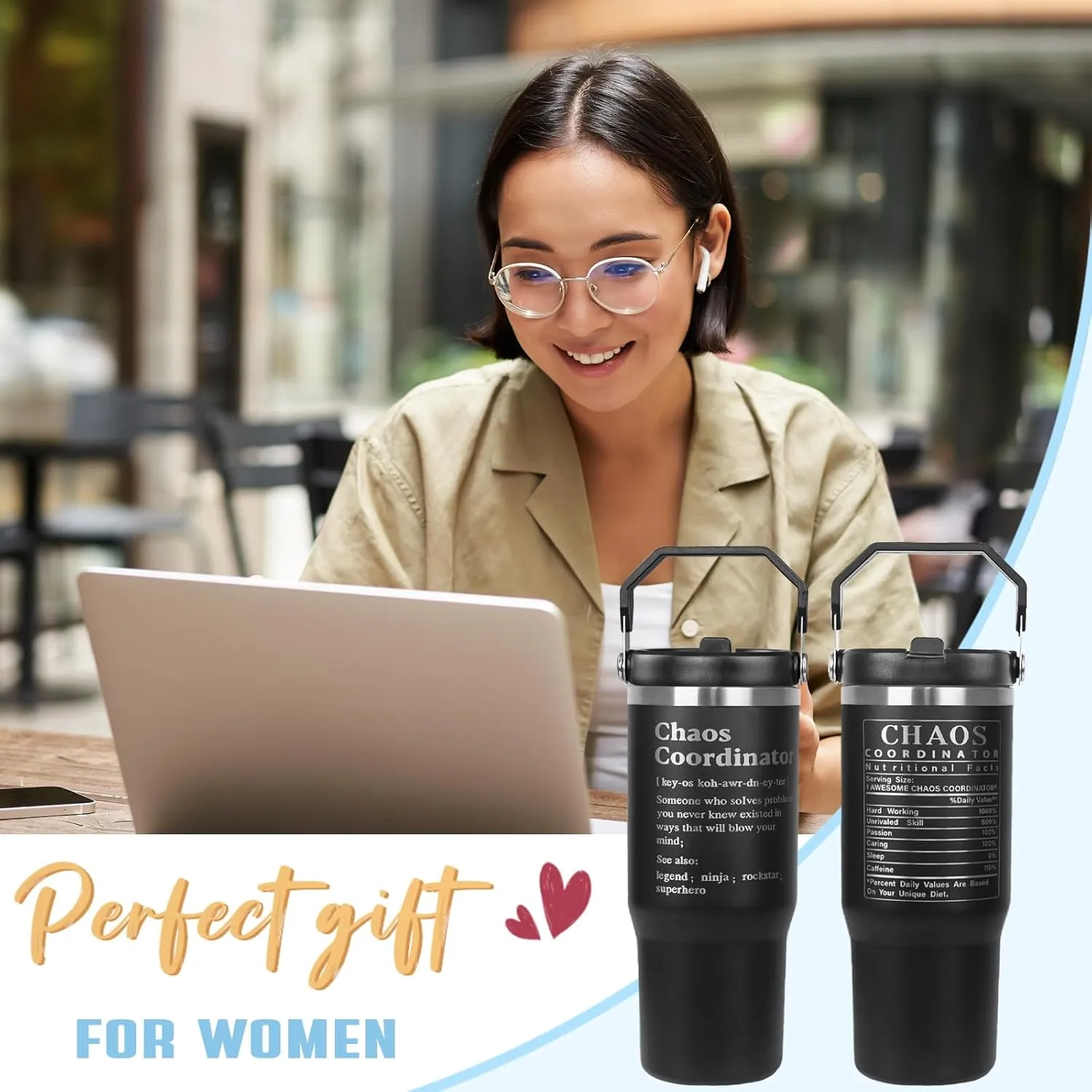 Chaos Coordinator Tumbler with Handle & Flip Straw Boss Gifts Laser-Engraved Travel Mug Water Bottle Gifts for Boss, Women,Men Mom,Dad,Coworker,Manager,Workers,Colleague-30 OZ(1PCS)
