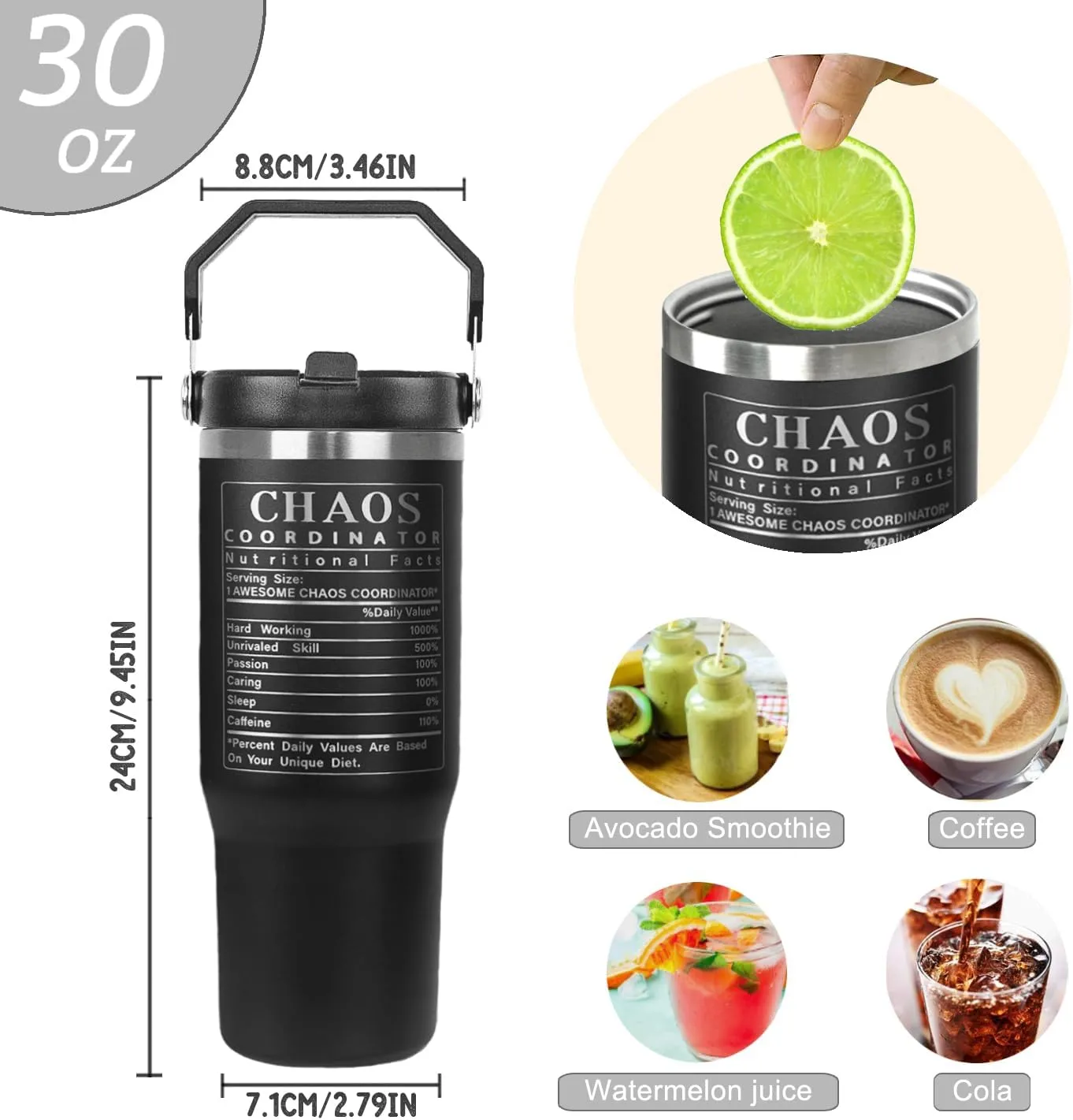 Chaos Coordinator Tumbler with Handle & Flip Straw Boss Gifts Laser-Engraved Travel Mug Water Bottle Gifts for Boss, Women,Men Mom,Dad,Coworker,Manager,Workers,Colleague-30 OZ(1PCS)