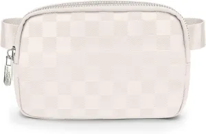 Checkered Belt Bag for Women Stylish Leather Crossbody Fanny Pack Trendy Waist Bag with Adjustable Strap Off-White