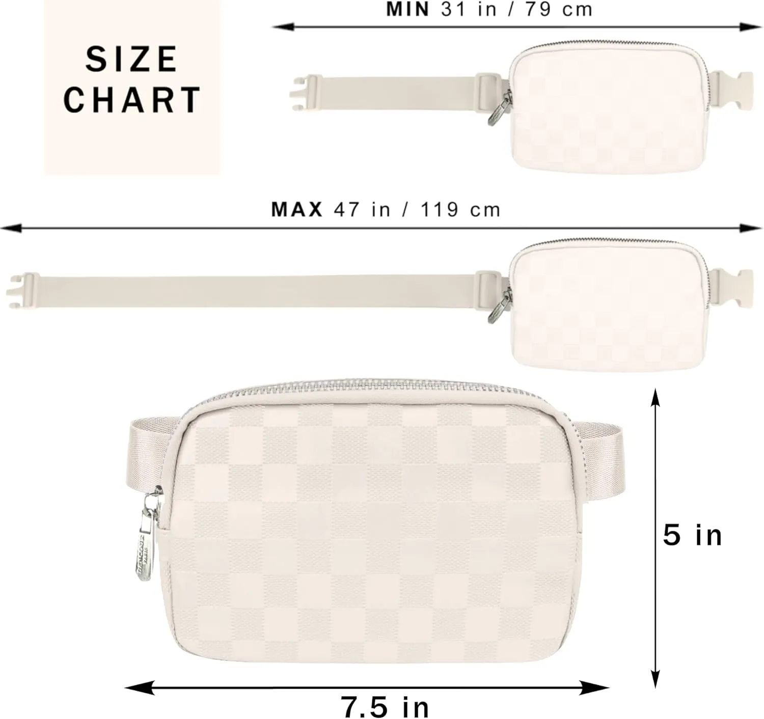 Checkered Belt Bag for Women Stylish Leather Crossbody Fanny Pack Trendy Waist Bag with Adjustable Strap Off-White
