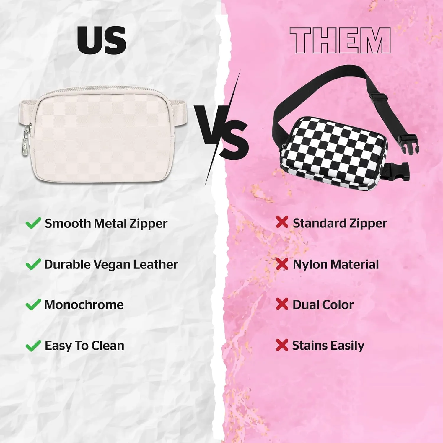 Checkered Belt Bag for Women Stylish Leather Crossbody Fanny Pack Trendy Waist Bag with Adjustable Strap Off-White