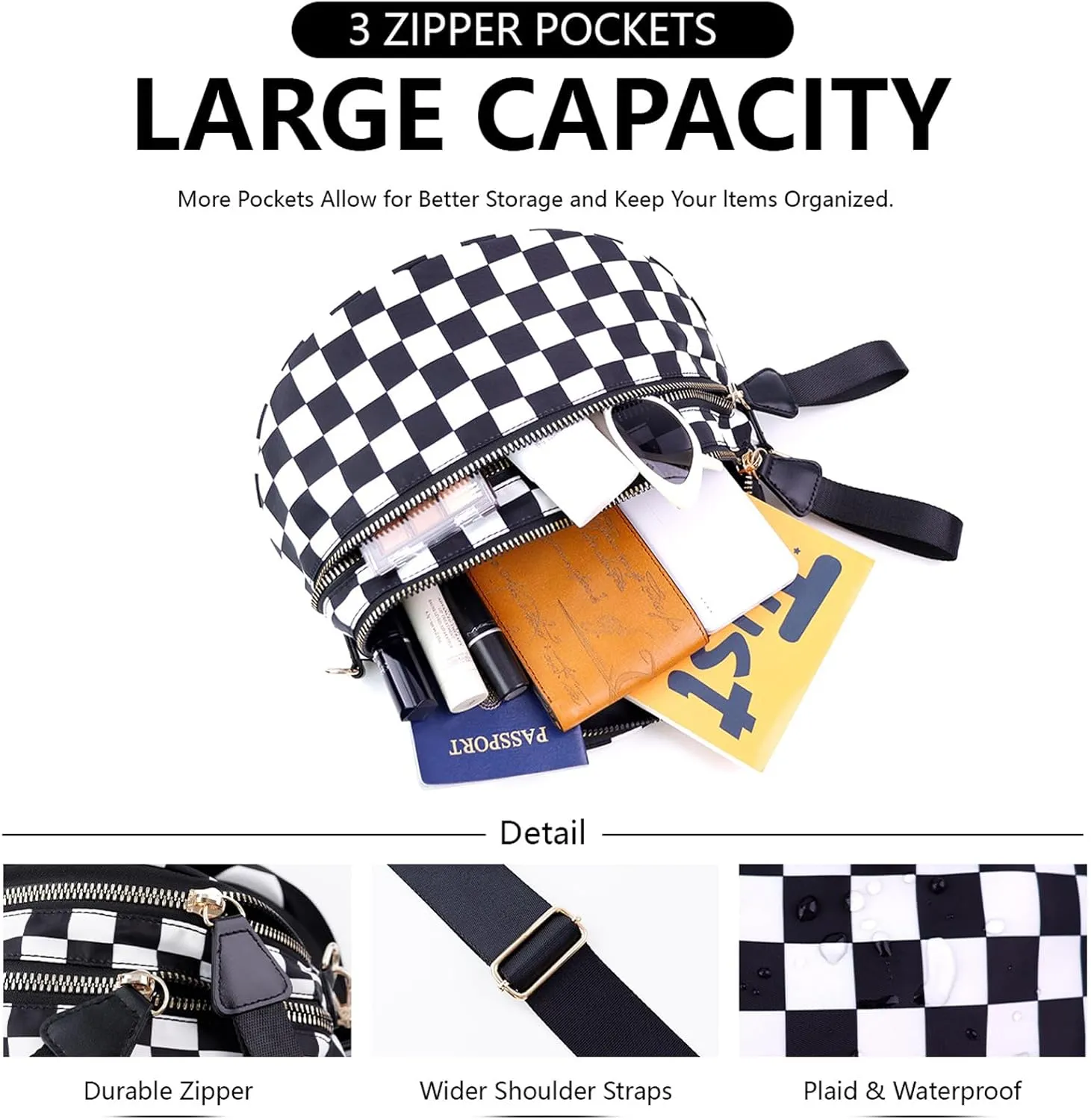 Checkered Bum Bag, Checkered Black and White Crossbody Bag for Women, Belt Bag Fanny Pack witn Adjustable Shoulder Strap (Beige Checkered)