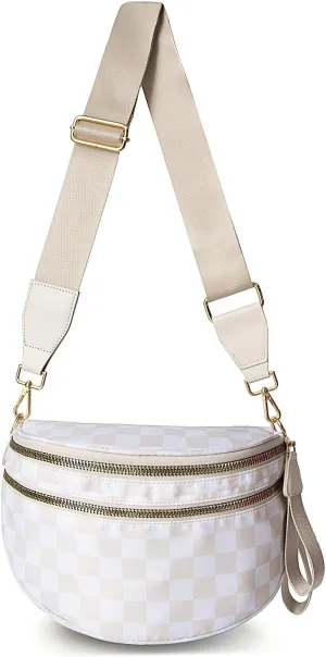 Checkered Bum Bag, Checkered Black and White Crossbody Bag for Women, Belt Bag Fanny Pack witn Adjustable Shoulder Strap (Beige Checkered)