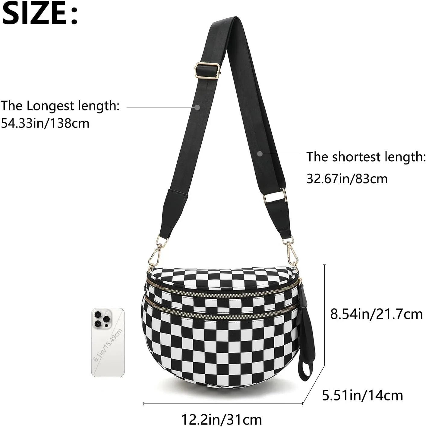 Checkered Bum Bag, Checkered Black and White Crossbody Bag for Women, Belt Bag Fanny Pack witn Adjustable Shoulder Strap (Beige Checkered)