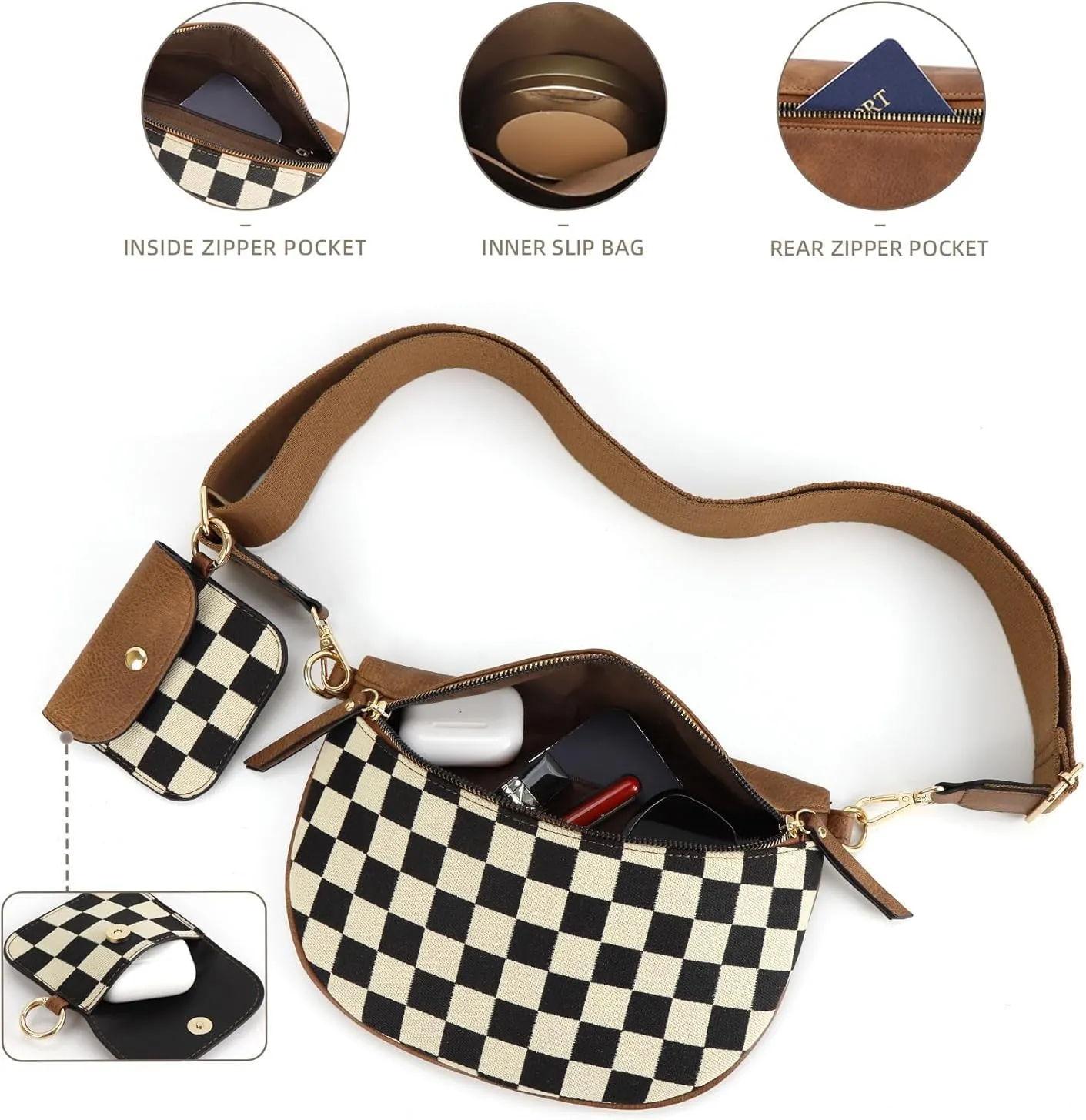 Checkered Crossbody Bag,Checkered Purse for Women Black and White Bum Bag Fanny Packs Belt Bag Sling Bag with Shoulder Strap (1-coffee-a)