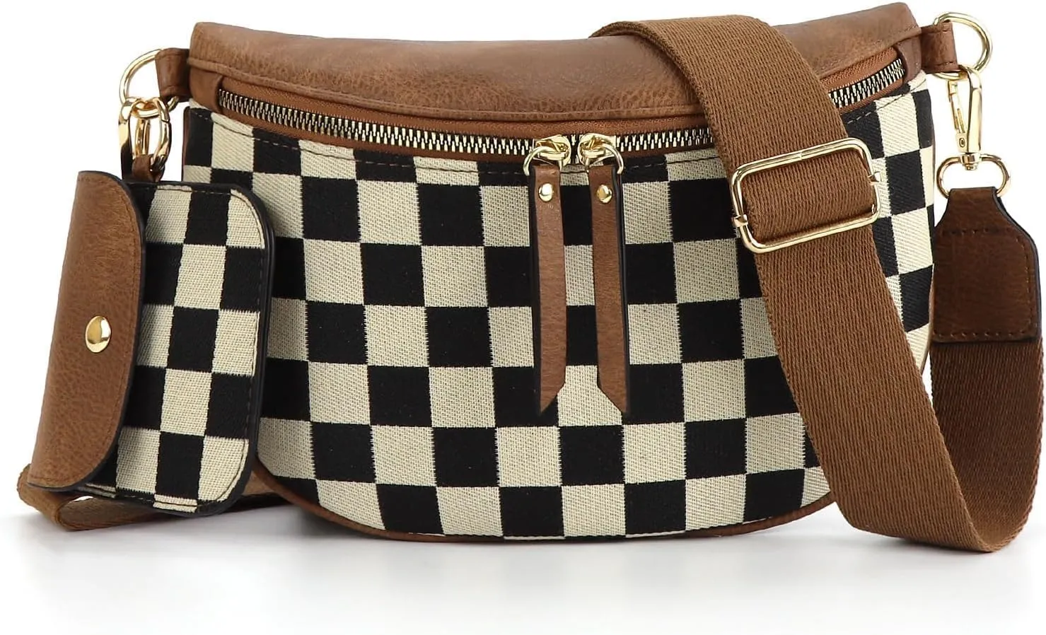 Checkered Crossbody Bag,Checkered Purse for Women Black and White Bum Bag Fanny Packs Belt Bag Sling Bag with Shoulder Strap (1-coffee-a)