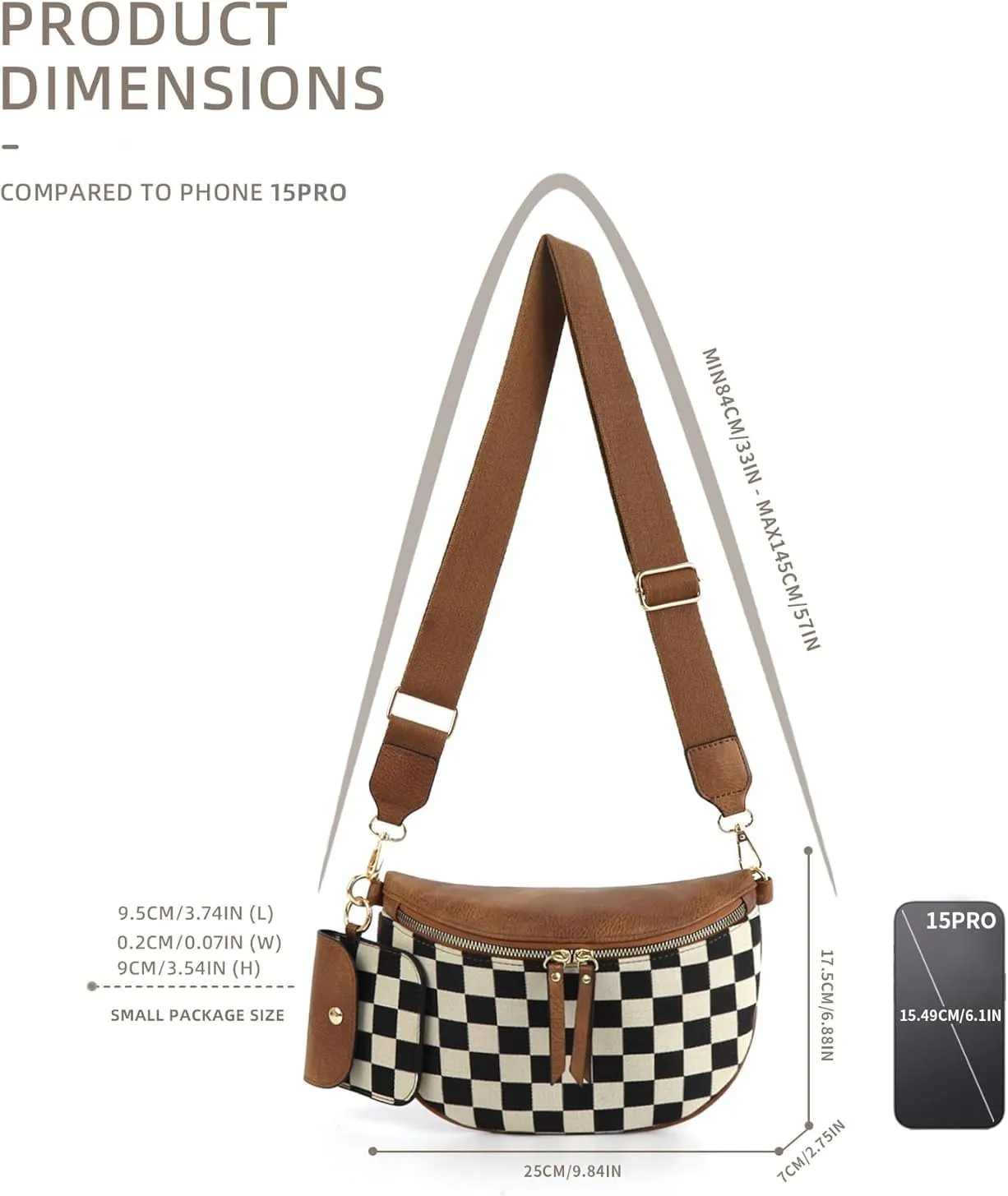 Checkered Crossbody Bag,Checkered Purse for Women Black and White Bum Bag Fanny Packs Belt Bag Sling Bag with Shoulder Strap (1-coffee-a)