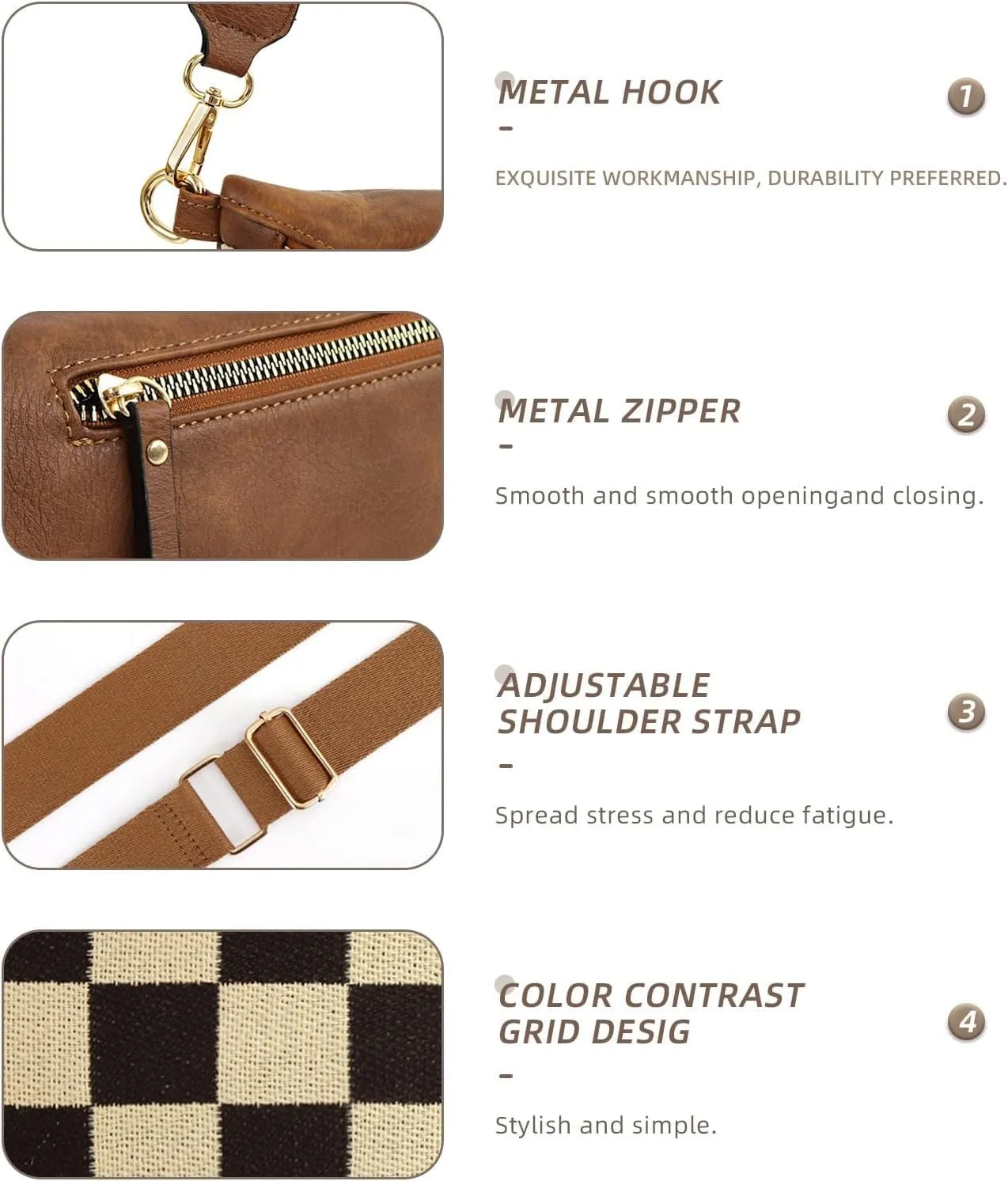 Checkered Crossbody Bag,Checkered Purse for Women Black and White Bum Bag Fanny Packs Belt Bag Sling Bag with Shoulder Strap (1-coffee-a)