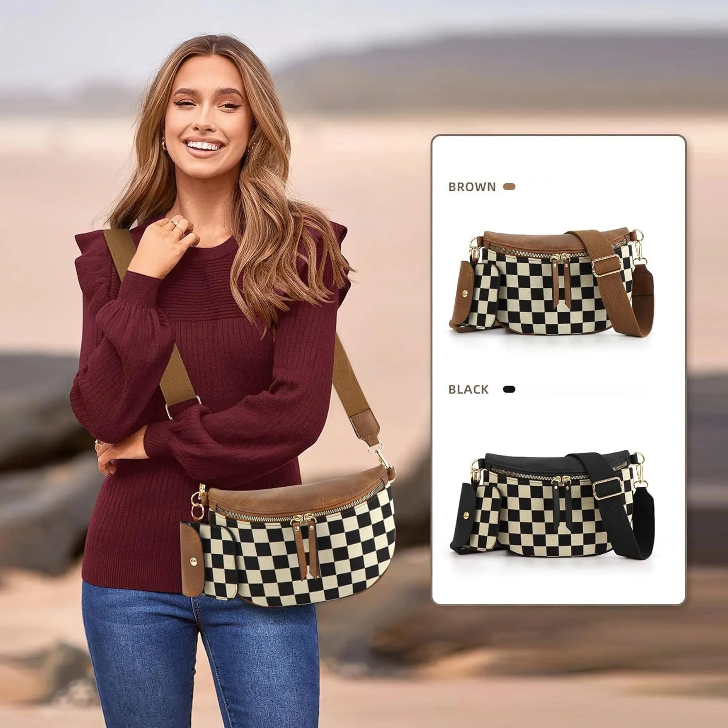 Checkered Crossbody Bag,Checkered Purse for Women Black and White Bum Bag Fanny Packs Belt Bag Sling Bag with Shoulder Strap (1-coffee-a)