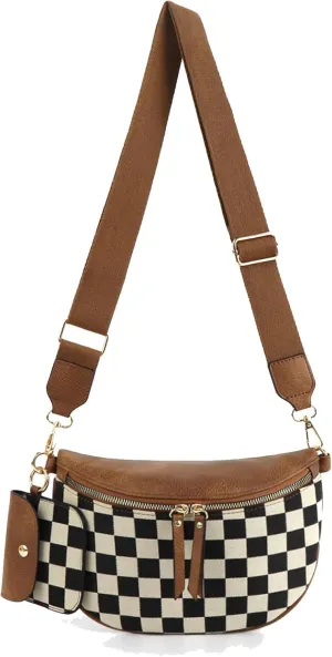 Checkered Crossbody Bag,Checkered Purse for Women Black and White Bum Bag Fanny Packs Belt Bag Sling Bag with Shoulder Strap (1-coffee-a)