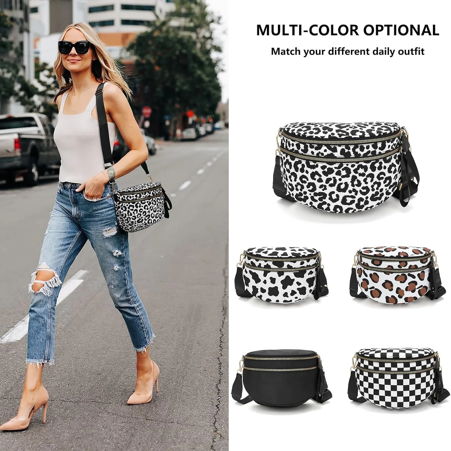Checkered Crossbody Bag,Checkered Purse for Women Black and White Bum Bag Fanny Packs Belt Bag Sling Bag with Shoulder Strap (Beige)