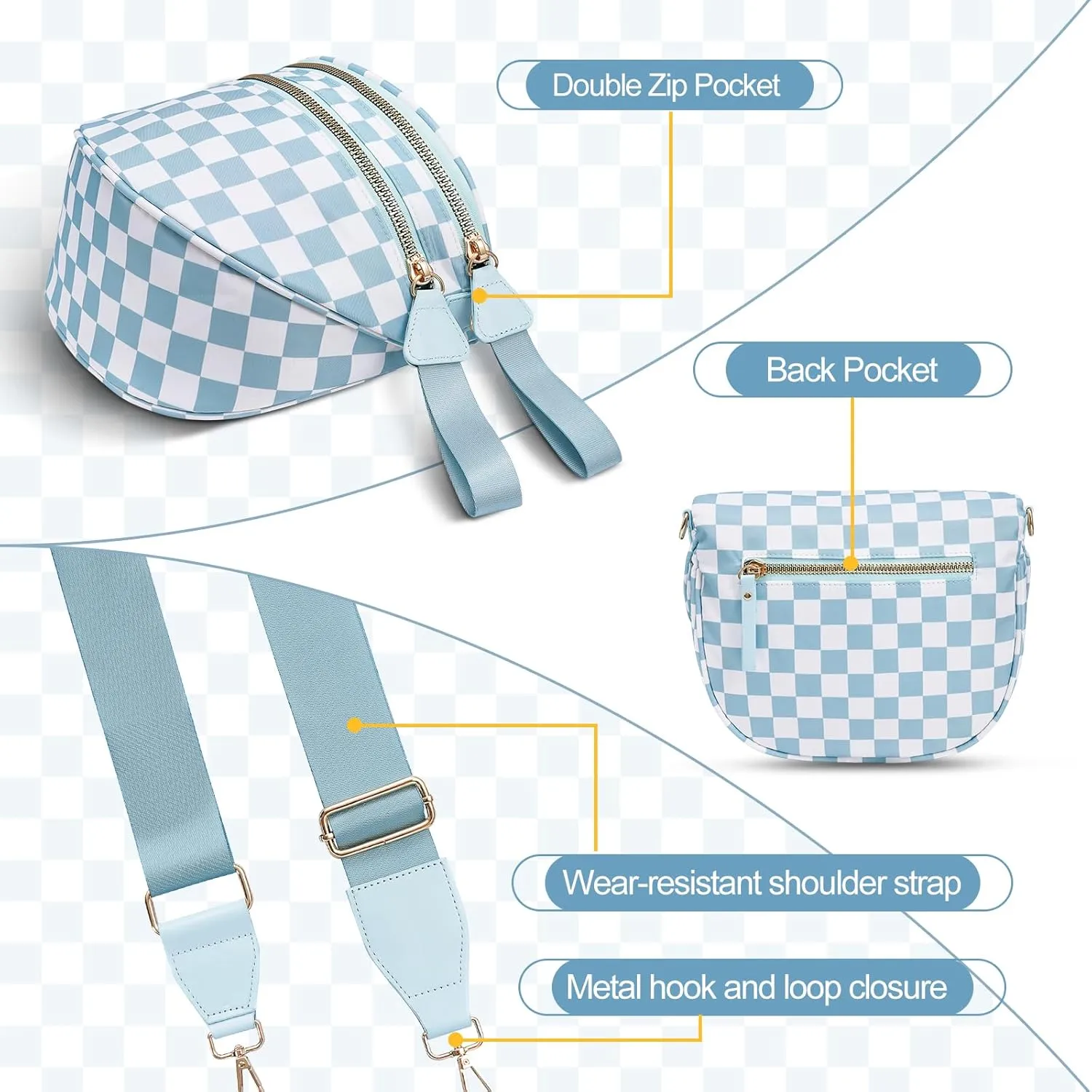 Checkered Crossbody Bag,Nylon Bum Bags for Women Crossbody,Spacious Sling Bag Purse Fanny Packs with Shoulder Strap
