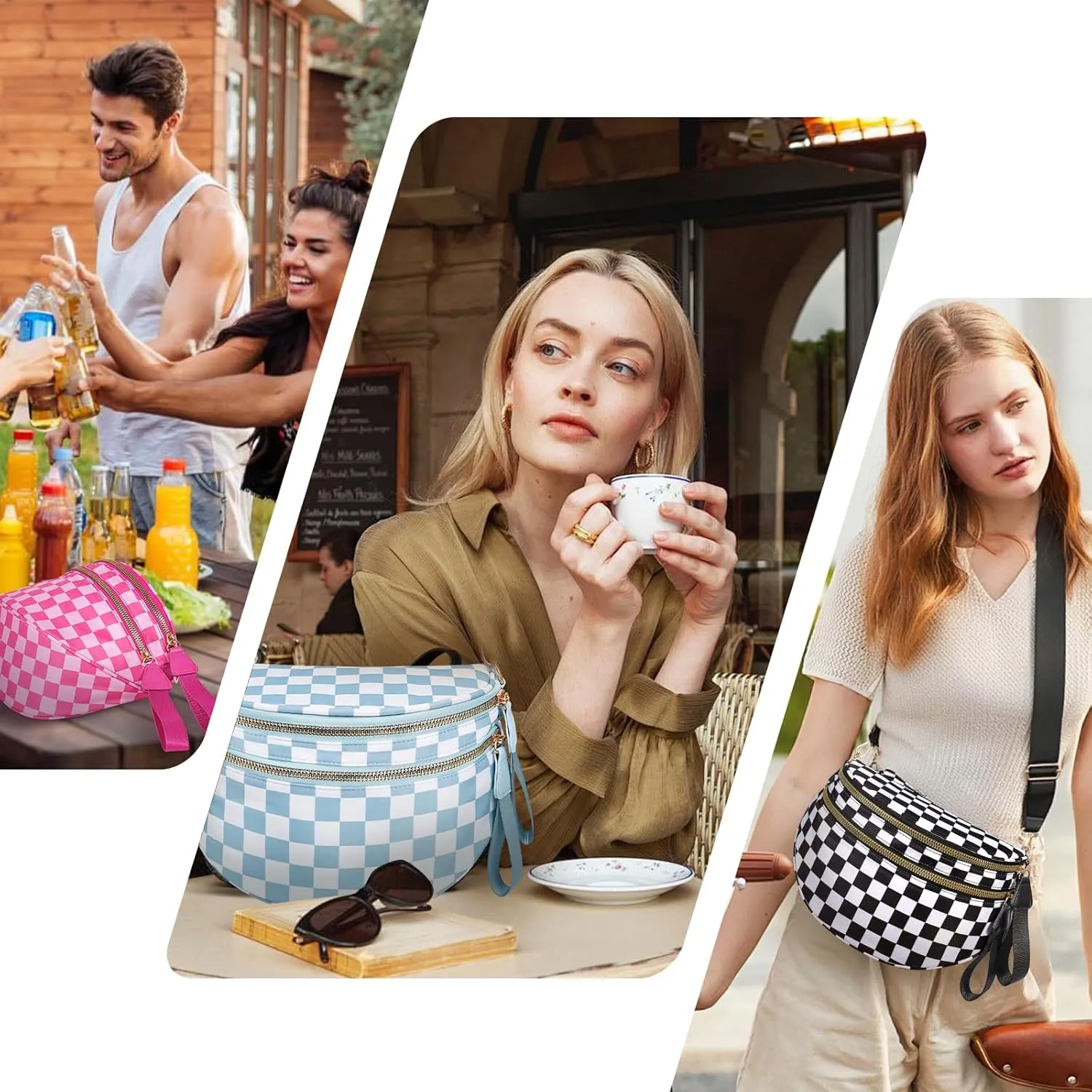 Checkered Crossbody Bag,Nylon Bum Bags for Women Crossbody,Spacious Sling Bag Purse Fanny Packs with Shoulder Strap