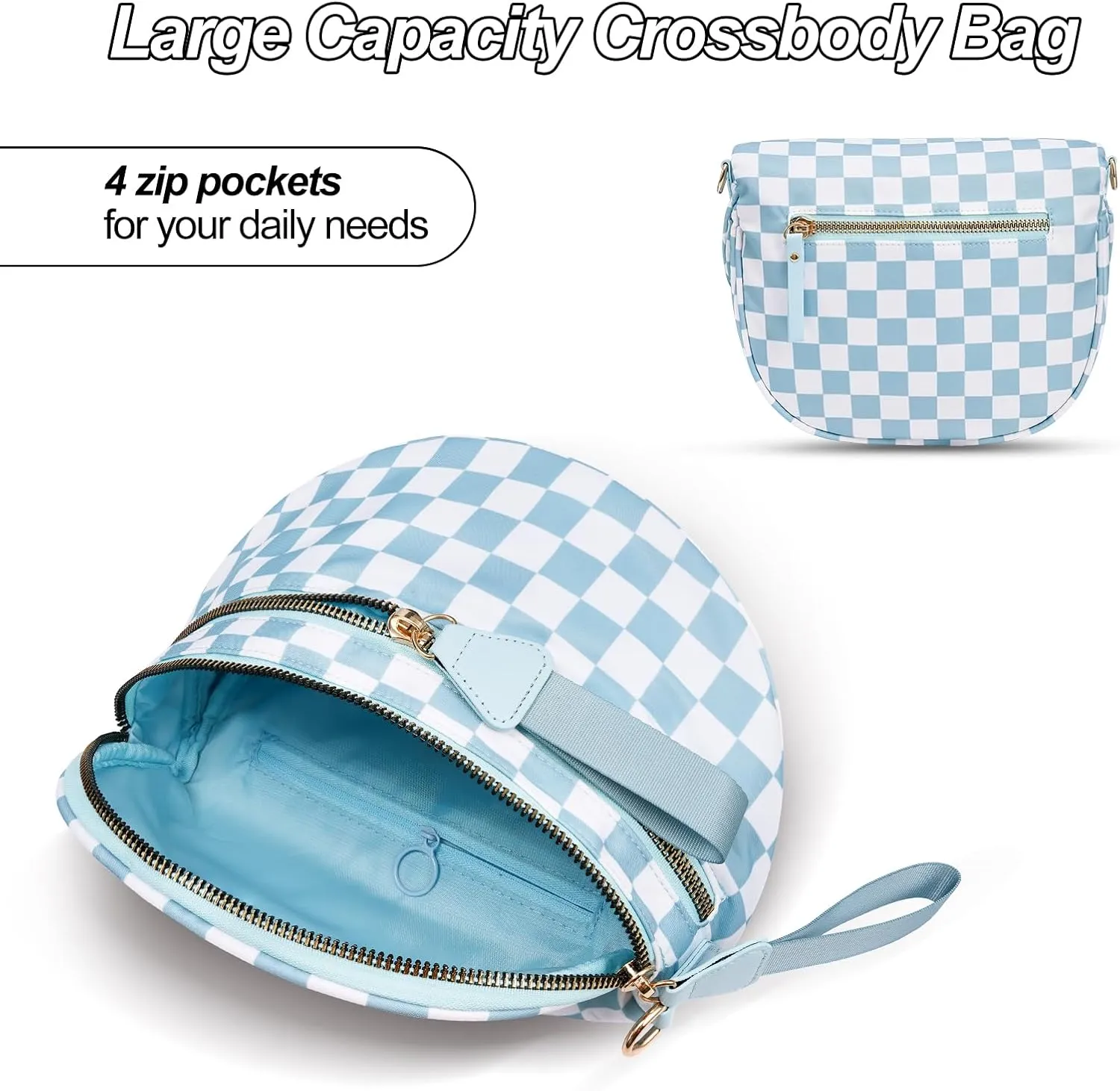 Checkered Crossbody Bag,Nylon Bum Bags for Women Crossbody,Spacious Sling Bag Purse Fanny Packs with Shoulder Strap