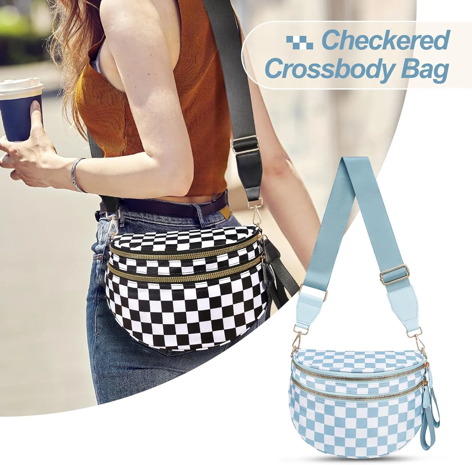 Checkered Crossbody Bag,Nylon Bum Bags for Women Crossbody,Spacious Sling Bag Purse Fanny Packs with Shoulder Strap