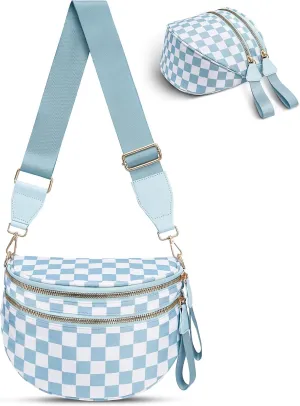 Checkered Crossbody Bag,Nylon Bum Bags for Women Crossbody,Spacious Sling Bag Purse Fanny Packs with Shoulder Strap