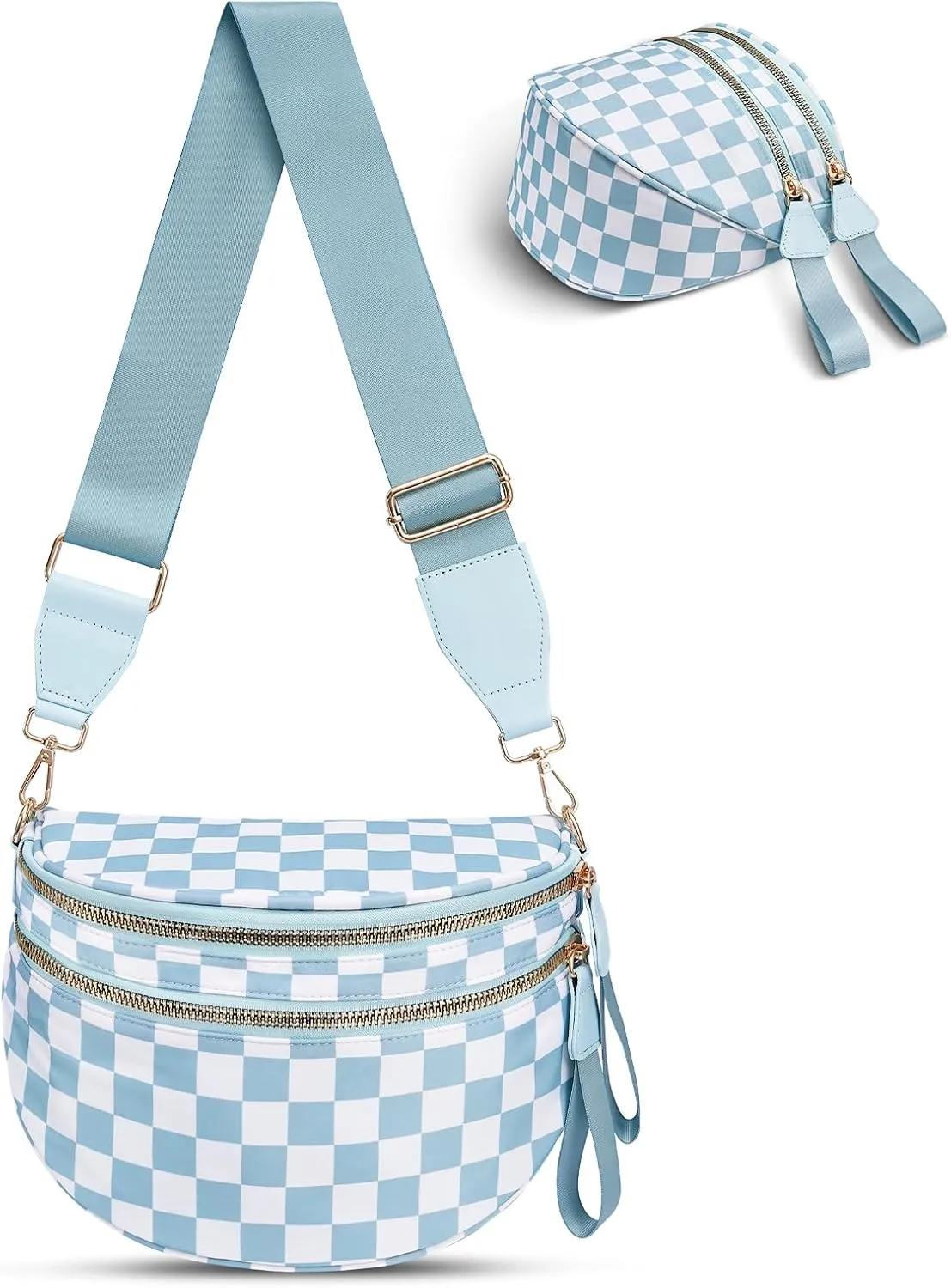 Checkered Crossbody Bag,Nylon Bum Bags for Women Crossbody,Spacious Sling Bag Purse Fanny Packs with Shoulder Strap
