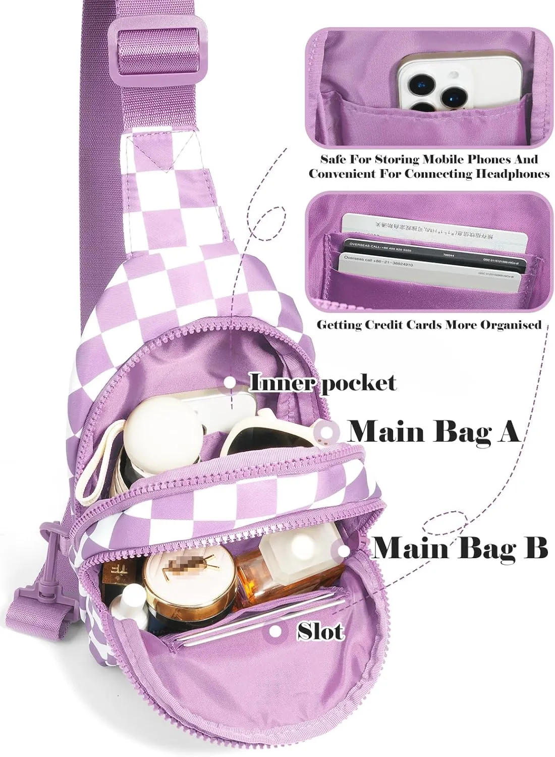 Checkered Sling Bag for Women Small Backpack Crossbody Chest Bag Fanny Packs Purses
