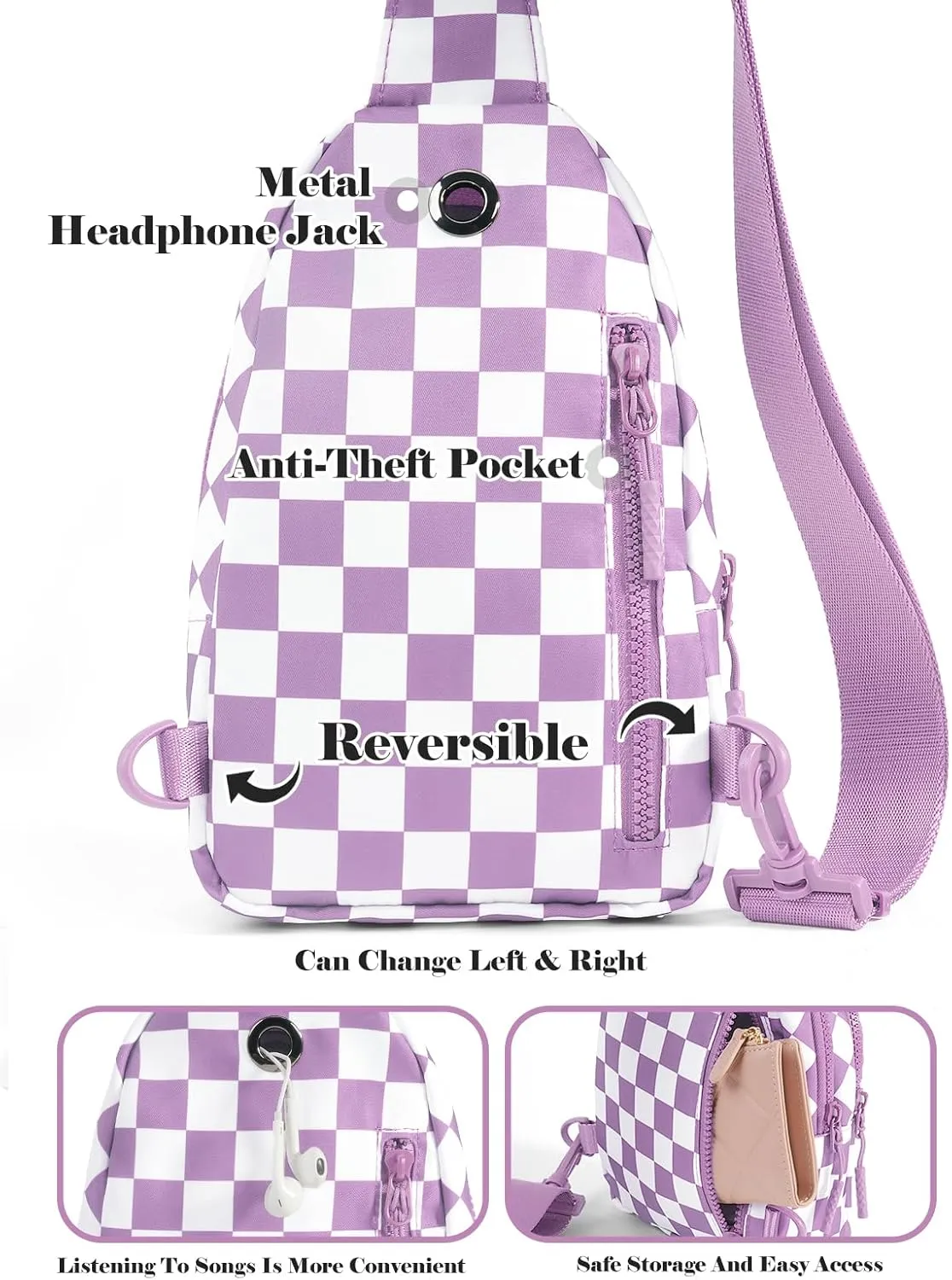 Checkered Sling Bag for Women Small Backpack Crossbody Chest Bag Fanny Packs Purses
