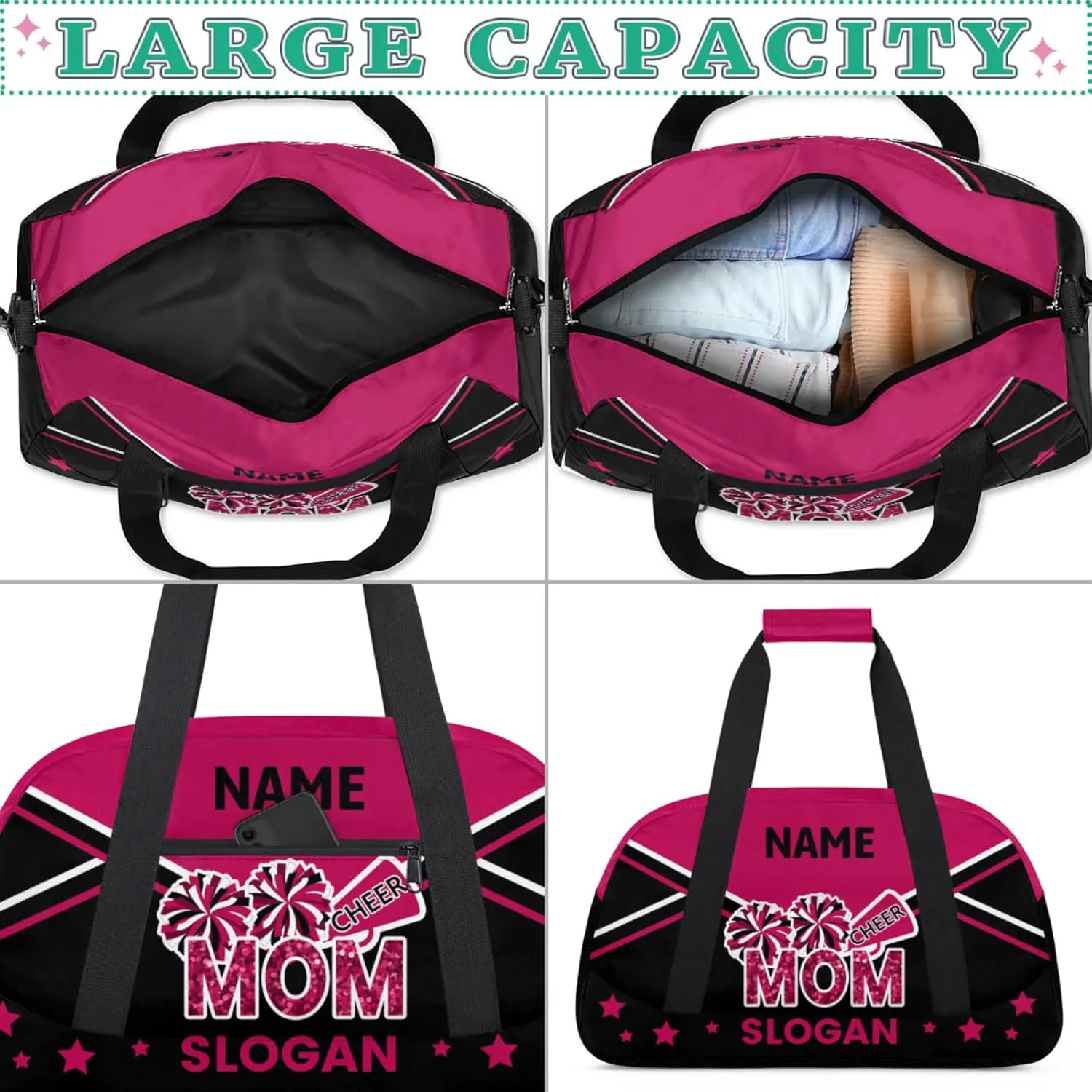 Cheer-Bags for Girls, Personalized Name Dance Gymnastics Ballet Sport Travel Duffel Bags for Cheerleader Kids with Custom Team Name for Overnight Weekender,Rose Red Black