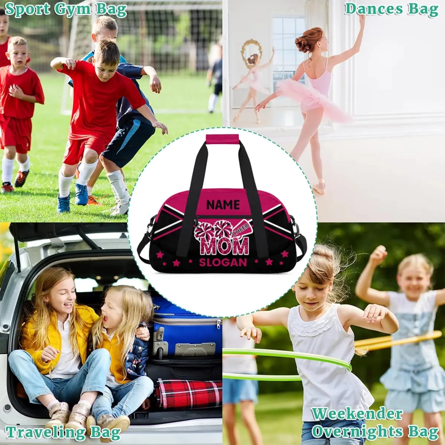 Cheer-Bags for Girls, Personalized Name Dance Gymnastics Ballet Sport Travel Duffel Bags for Cheerleader Kids with Custom Team Name for Overnight Weekender,Rose Red Black