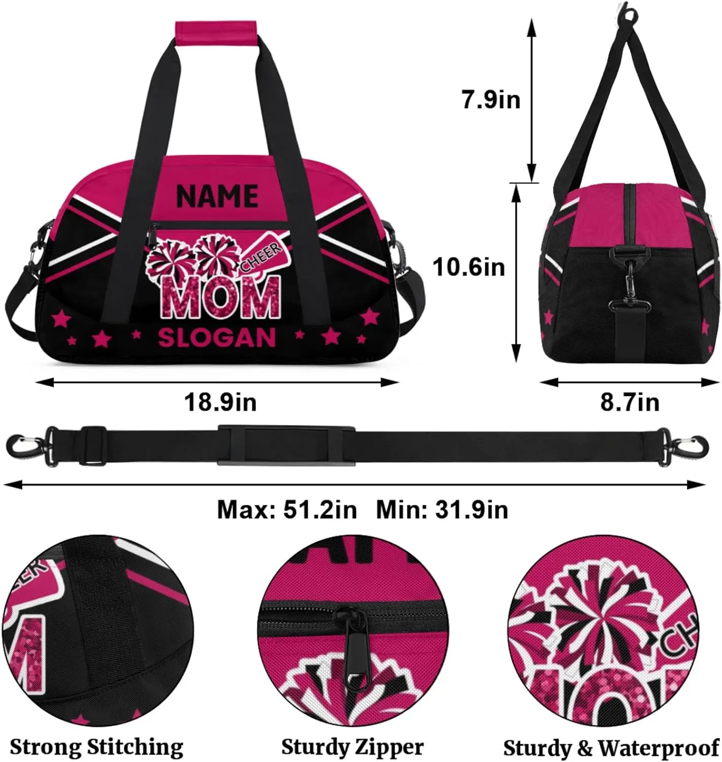 Cheer-Bags for Girls, Personalized Name Dance Gymnastics Ballet Sport Travel Duffel Bags for Cheerleader Kids with Custom Team Name for Overnight Weekender,Rose Red Black
