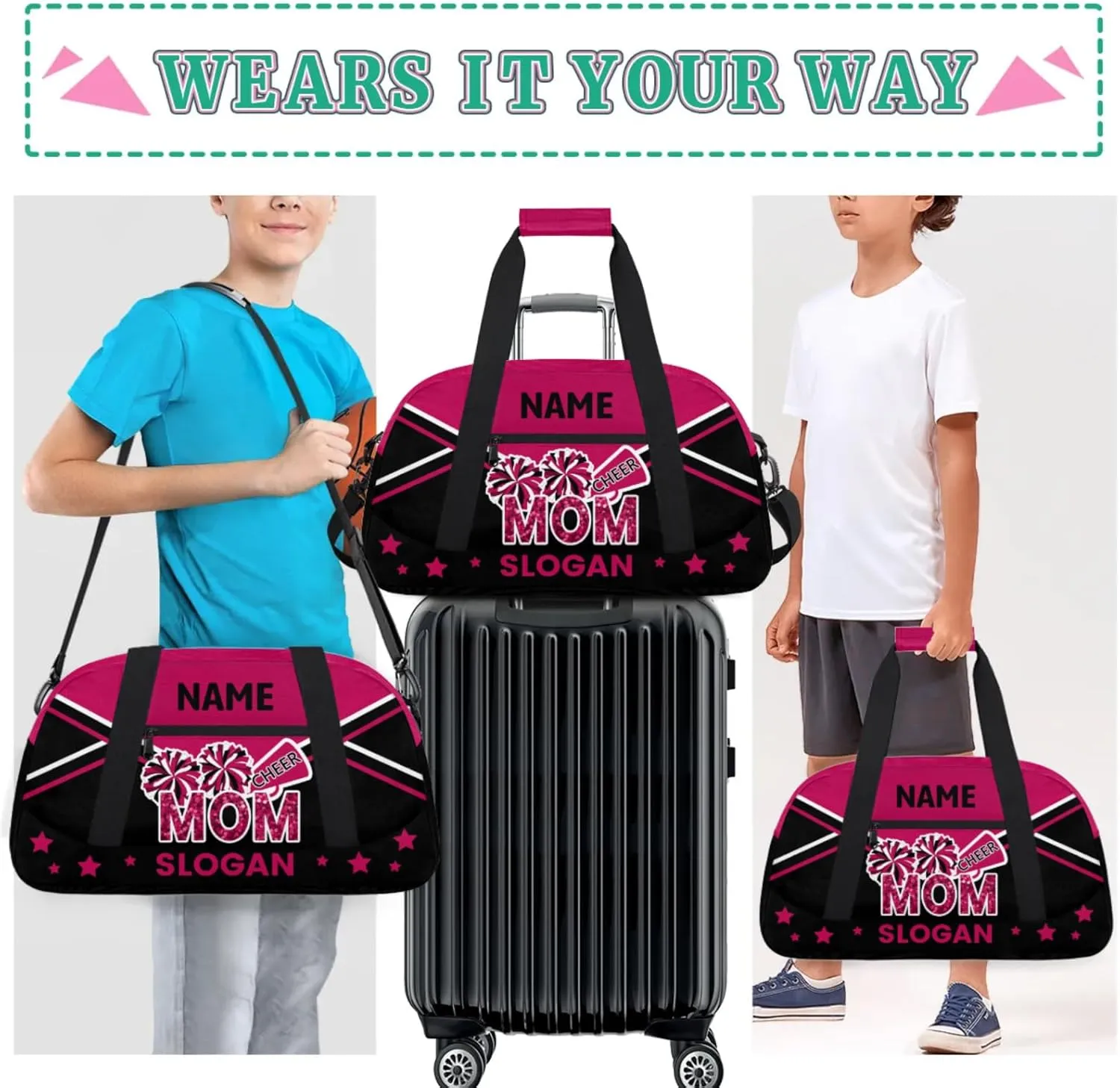 Cheer-Bags for Girls, Personalized Name Dance Gymnastics Ballet Sport Travel Duffel Bags for Cheerleader Kids with Custom Team Name for Overnight Weekender,Rose Red Black