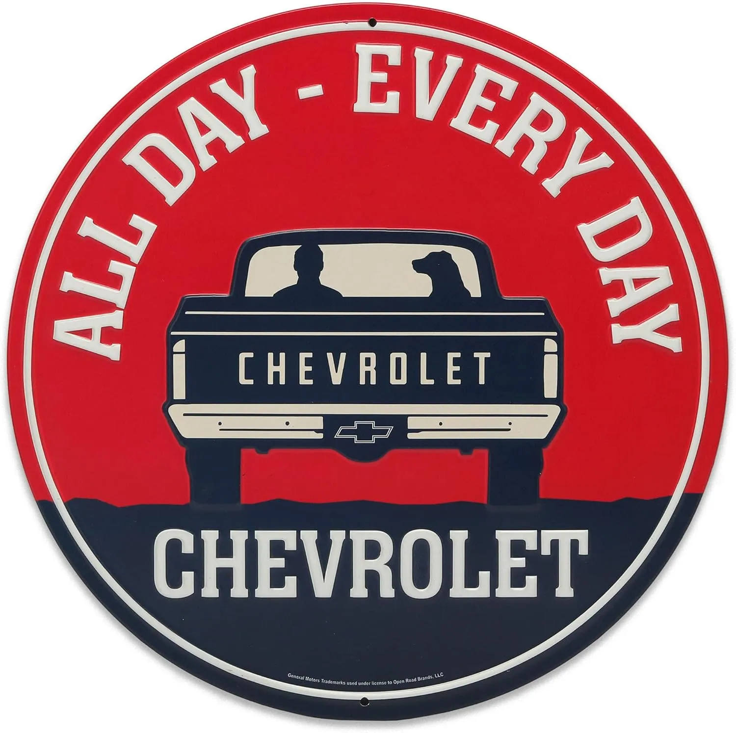 Chevrolet All Day Every Day Round Embossed Metal Sign - Chevy Truck Wall Art for Garage, Shop, or Man Cave